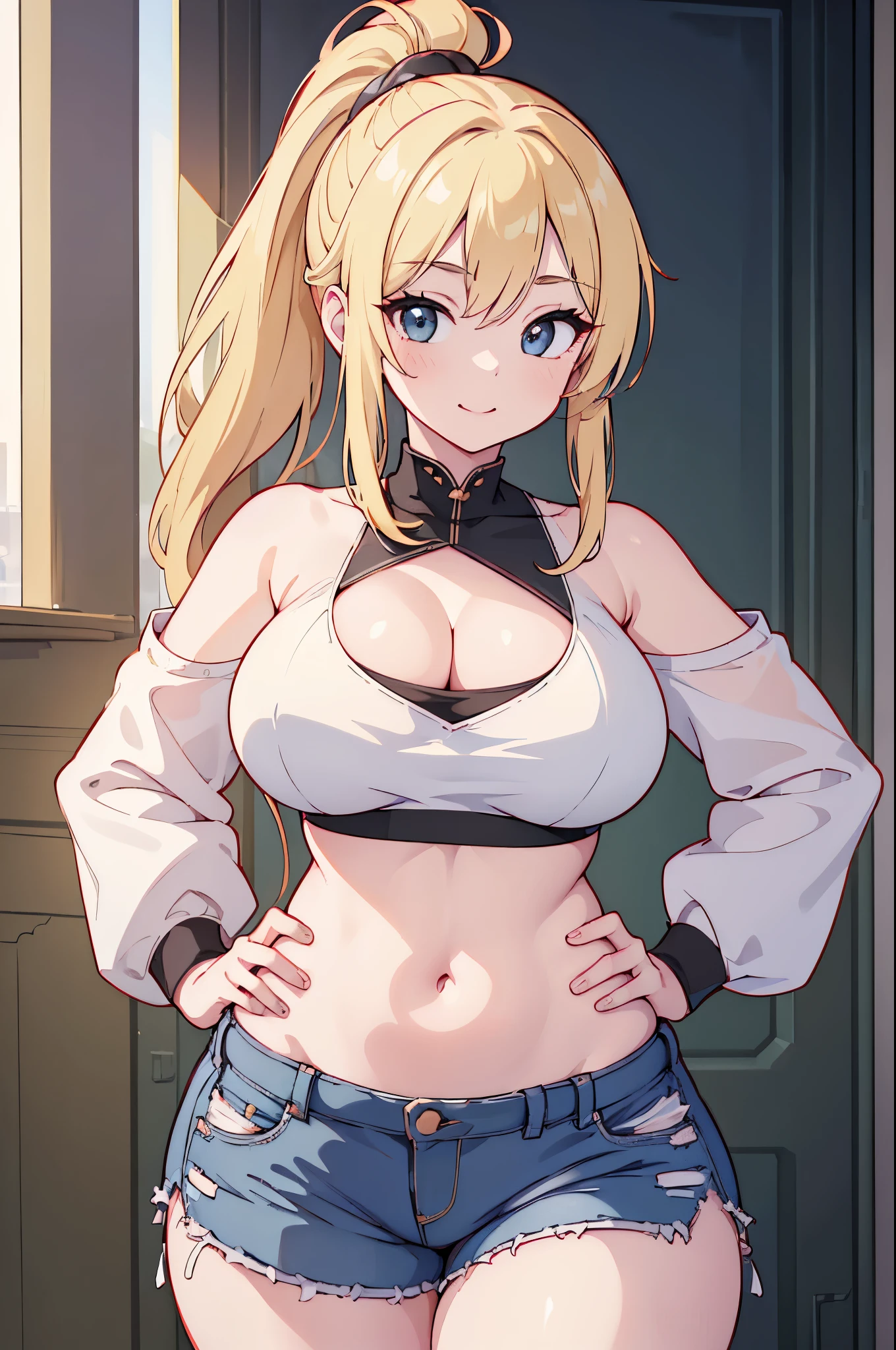 (master piece:1.2), (best Quality:1.2), (ultra detailed:1.2), (highres:1.2), 4k, 8k, from front, upper body, look at viewer, light smile, beautiful detailed eyes, crop top, shorts, ponytail, middle hair, light blonde hair, black eyes, Eyeshadow, curvy, cleavage,large breasts, thick thighs, wide hips, city,