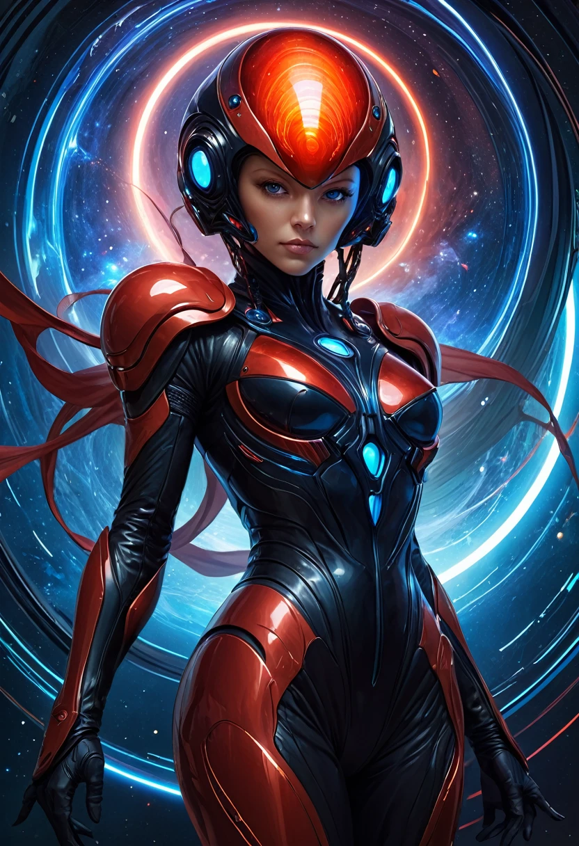 Best quality, masterpiece: 1,1), Fantastic view of an energy-type alien, red-black-blue flashes, a force field instead of a spacesuit, hyperrealistic, insanely detailed, this masterpiece of digital art can be compared with the wonderful works of Artgerm, Greg Rutkowski and Alphonse Mucha.