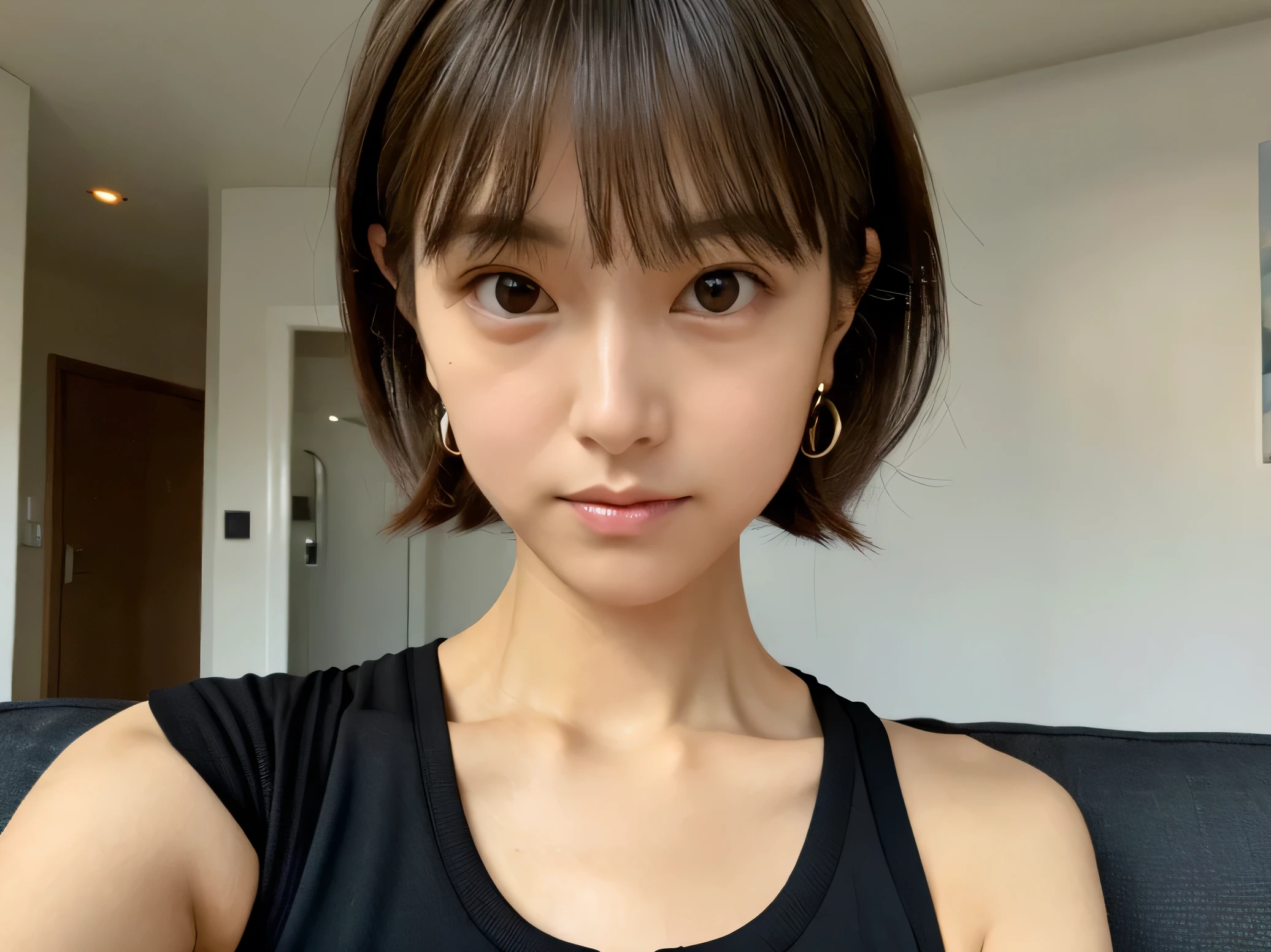 Look into the eyes, Eye contact, Front of face, Front face, face, head, Cross-legged, indoor, Brown Hair, bangs, Light clothing, Black tank top, Sweat, Sweaty, Sweaty, clavicle, Cross-legged, Light from below, Chest, Earrings