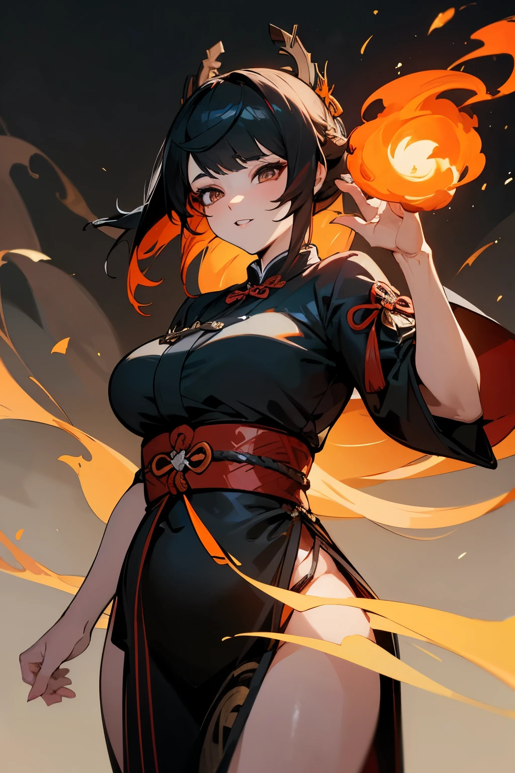 Masterpiece, best quality, rich details , video game Genshin Impact, Genshin Impact style, 1 girl, (seductive), sexy expression, (adult female), 30 years old, smoky, ((complex background)), plump is figure, chinoise, hanfu, fire, chinese architectural background