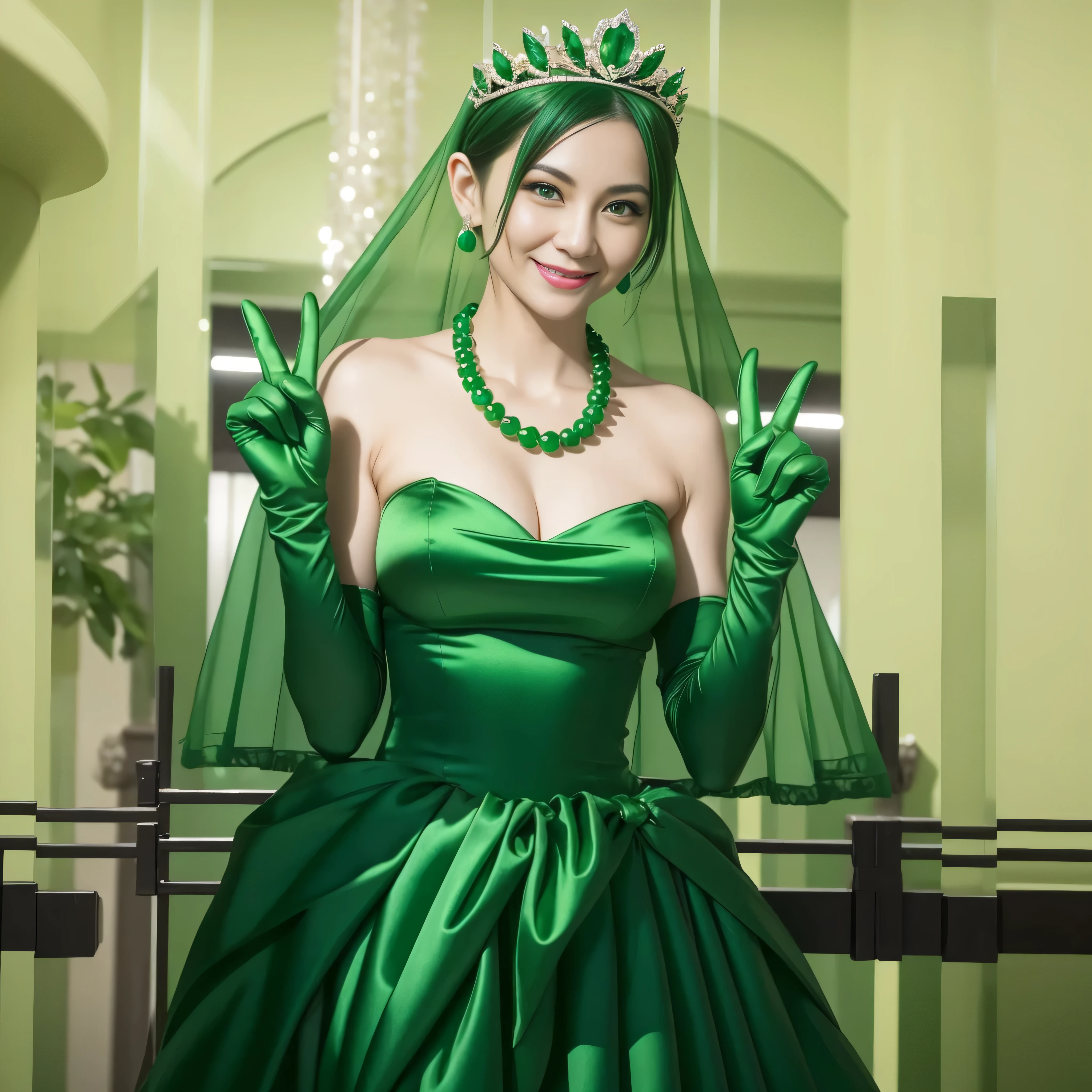 Emerald tiara, Green Pearl Necklace, Boyish very short green hair, lipstick, Smiling Japanese woman in her 30s, Very short hair, Big and beautiful, Green Eyes, Long green satin gloves, Big Breasts, V sign, Emerald Earrings, Green veil
