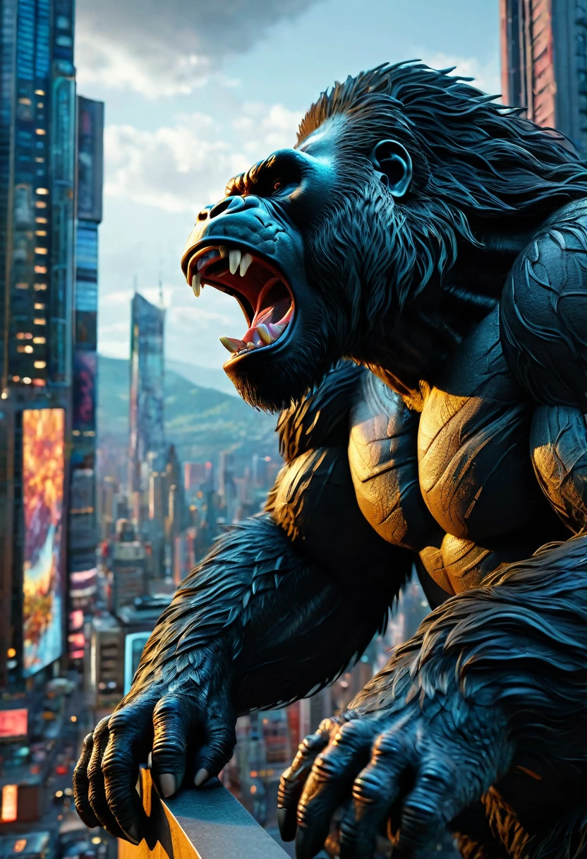 King Kong roar, upon the cliff, overseeing a cyberpunk city, cinematic, highly detailed and intricate, insane textures, colossal scale, gi, global illumination, delicate detailing, soft-focus effect,soft shadows,minimalist aesthetic,gentle illumination,elegant simplicity,extremely high quality high detail RAW color photo,professional lighting,sophisticated color grading,sharp focus,soft bokeh,striking contrast,dramatic flair,depth of field,seamless blend of colors,CGI digital painting,cinematic still 35mm,CineStill 50D,800T,natural lighting,shallow depth of field,crisp details,hbo netflix film color LUT,32K,UHD,HDR,film light,panoramic shot,film poster style, breathtaking,hyper-realistic,ultra-realism,high-speed photography,perfect contrast,award-winning phography,directed by lars von trie