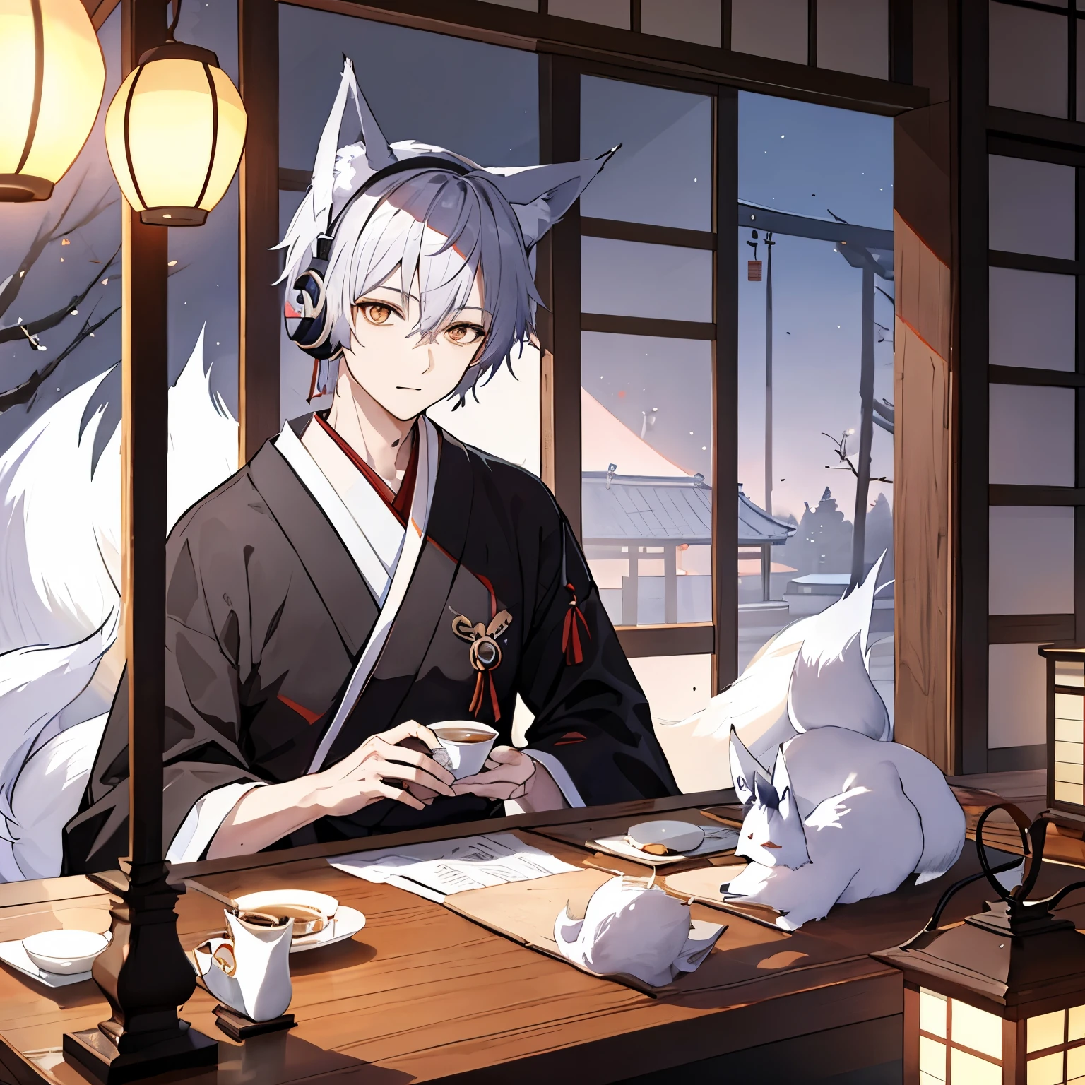 one person、handsome、Listening to music with headphones in a traditional Japanese cafe、one person、((male))、((Fox ears))、Silver Hair、Fox ears、Fox&#39;s Tail、kimono、Japan、Lo-fi anime style