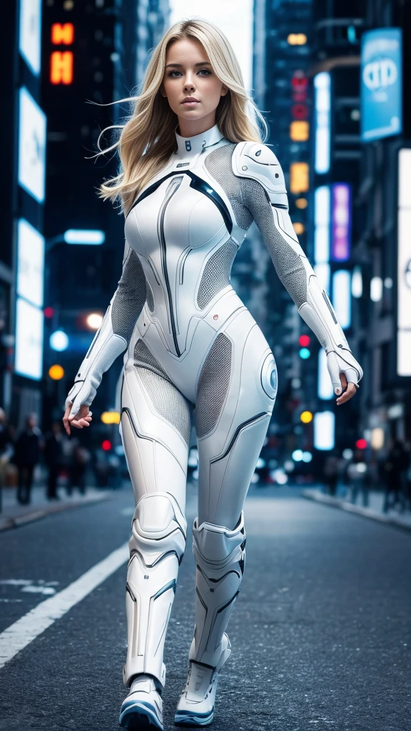 (Ultra high-definition imageidelity :1.2),Realistic,High quality,Movie Light, full body, 1 gorgeous european blonde woman, (walks in future city:1.3),she wears futuristic outfit, flirts with camera, show from front side