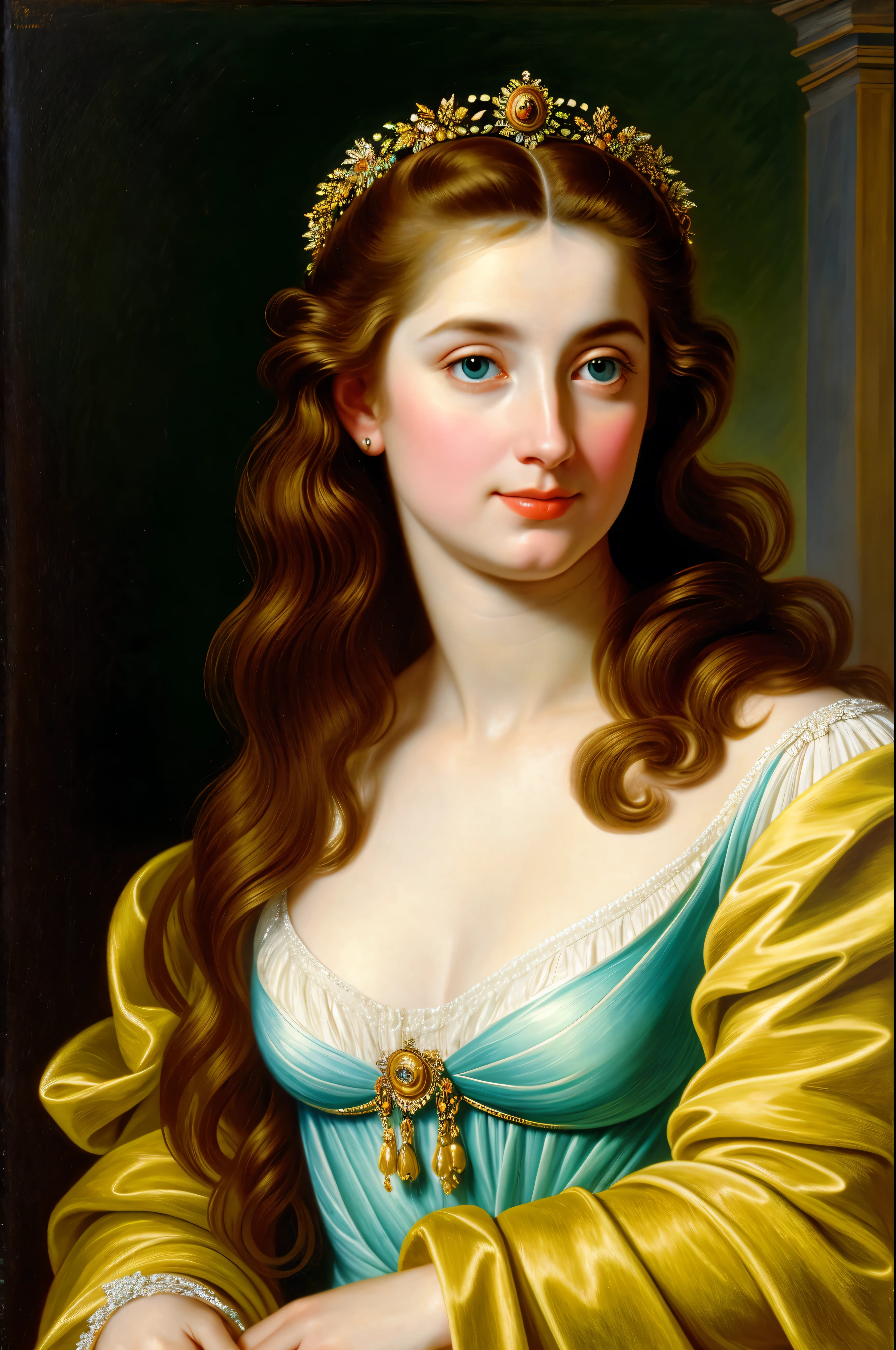 Masterpiece, Best quality, high clarity eyes, critically flawless,sharp picture, styled hair, long hair, fluffy hair, Full portrait, High pixels, perfect face, perfect eyes, beautiful face, perfect hands,perfect fingers, in Peter Paul Rubens style, by Peter Paul Rubens, baroque style, acrylic on canvas, highly detailed, description: "Create a nymph inspired by the tales of Greek or Roman mythology, embodying the essence of a natural element or location, and possessing a unique ability or trait that sets her apart."