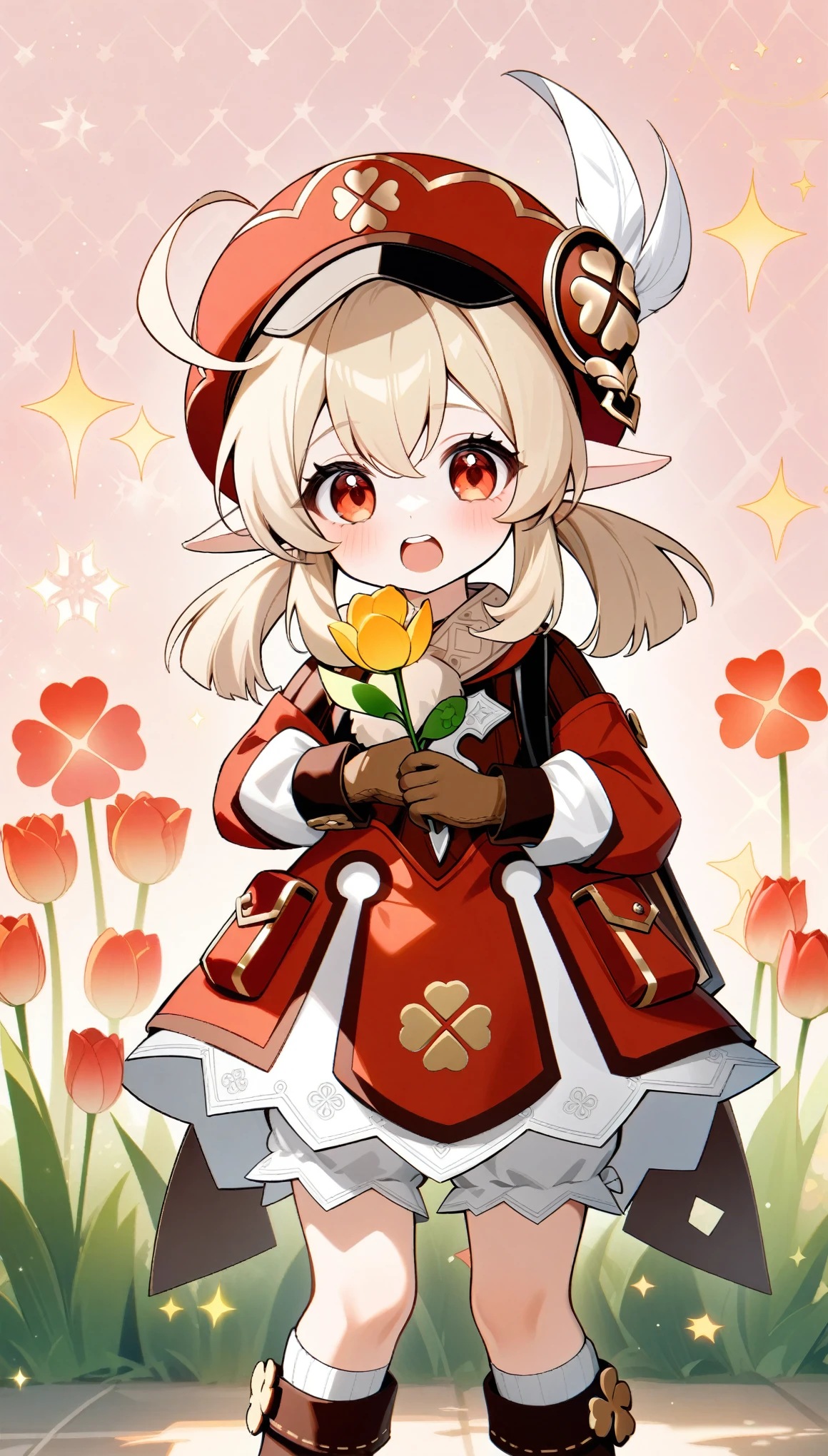 masterpiece, best quality, very aesthetic, absurdres, newest, cowboy_shot, 
klee_(genshin_impact), genshin_impact,1girl, ahoge, ankle_boots, bandaid, blonde_hair, bloomers, boots, brown_footwear, brown_gloves, cabbie_hat, child, clover, clover_print, dress, flower, four-leaf_clover, gloves, gold_trim, hair_between_eyes, hat, kneehighs, light_blush, long_sleeves, low_twintails, medium_hair,pocket, pointy_ears, pom_pom_(clothes), puffy_long_sleeves, puffy_sleeves, red_dress, red_hat, sidelocks, white_socks,
sparkle, standing,tulip,  upper_teeth_only, white_bloomers, full_body, holding, holding_flower, patterned_background, pink_background,  star_(symbol), 