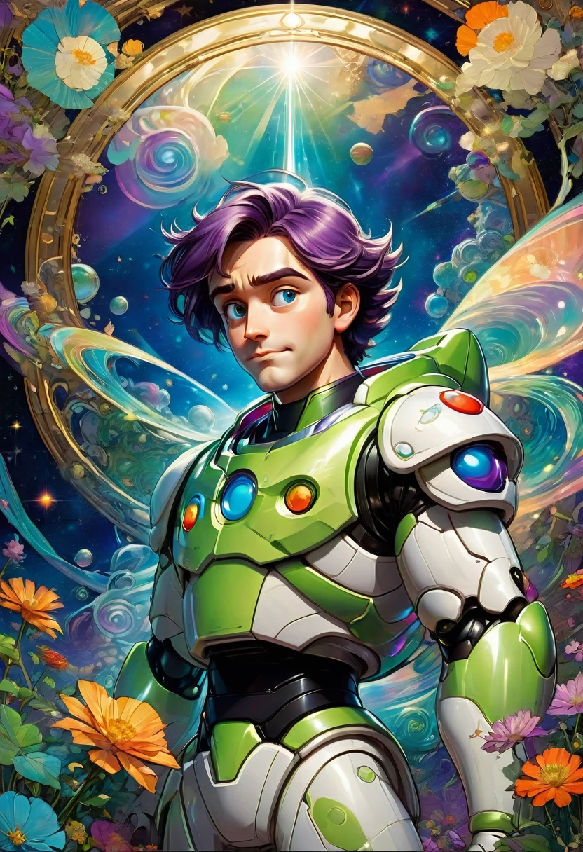 Buzz Lightyear, by Studio Ghibli and Alphonse Mucha, best quality, masterpiece, very aesthetic, perfect composition, intricate details, ultra-detailed