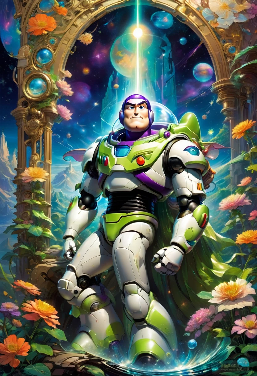 Buzz Lightyear, by Studio Ghibli and Alphonse Mucha, best quality, masterpiece, very aesthetic, perfect composition, intricate details, ultra-detailed