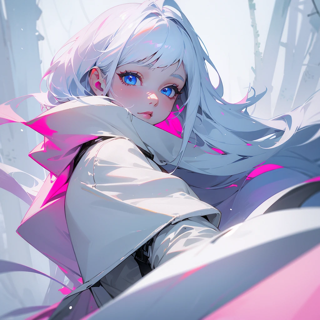 A girl, long, straight, white hair, white skin, wearing a white trench coat, in the middle of the snowy forest, blue eyes, pink lips, pink cheeks