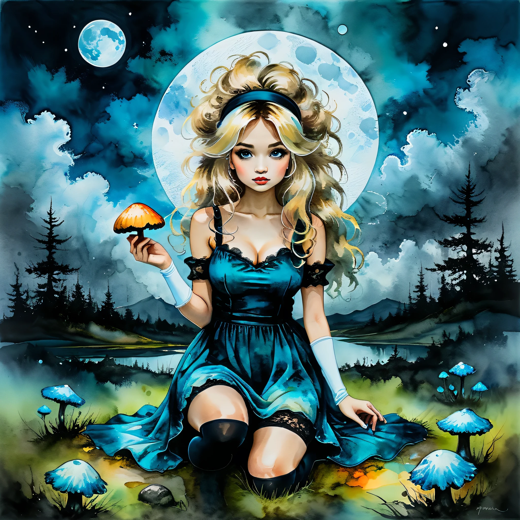 (The art of alcohol ink), the painting is painted with alcohol ink on textured paper and depicts a beautiful minimalistic landscape with a beautiful blonde woman with big messy hair, thin black headband, a short blue dress, white stockings, kneeling, holding a glowing mushroom in her hands, in the background a gloomy sky with clouds and gloomy moon, the painting is made with alcohol ink, the work of a master, clear contours, 32k