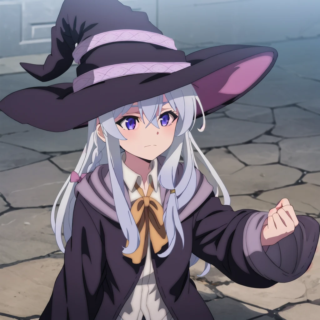 Beautiful Female long hair,witch ,fog, elaina_majonotabitabi, long_hair, bangs, hair_between_eyes, blue_eyes, closed_mouth, grey_hair, bow, white_hair, hat, witch_hat, black_headwear, purple_eyes