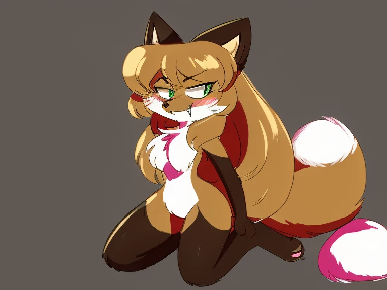 Nervous smiling, uploaded the e621, simple background, grey background, beautiful and detailed, woman (((female))) ((anthro)) Fox, (Averi, Fox girl), cinematic lighting, Fox, (anthro, fluffy fur, character focus:1.1), 1girl, anthro fox girl, body fur, curvy, sexy, nice, cute, hot, comfortable anime-style cartoon-style, digital drawing, (half-closed eyes), green eyes, SFW, on knees, smug, sassy hips, sassy, fangs, neon