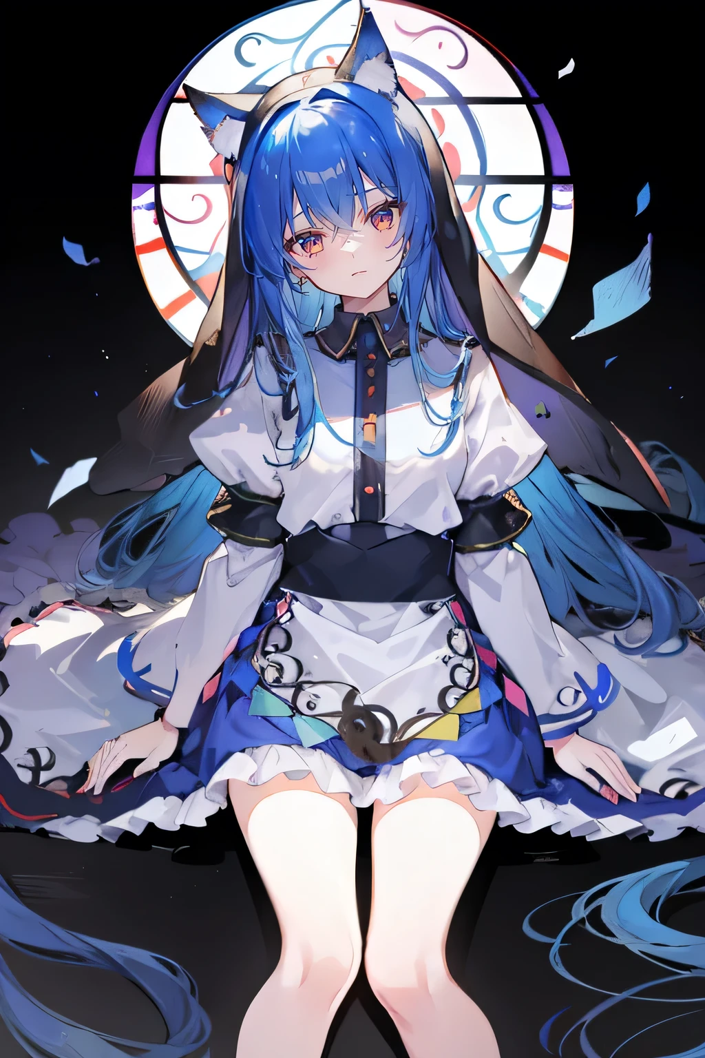 (masterpiece:1.2),Extremely detailed,Practical,expressive eyes,Fair skin,Perfect face shaping,1 Girl,
Japanese cartoons,Gorgeous blue hair, the long flowing blue hair,Floating clothes,Cat ears,Petals fall,beautiful lola,Young Angel,
Place your hands on your waist,sit elegantly on the ground,Cross your legs,Gentle and peaceful background,stately church,nun.