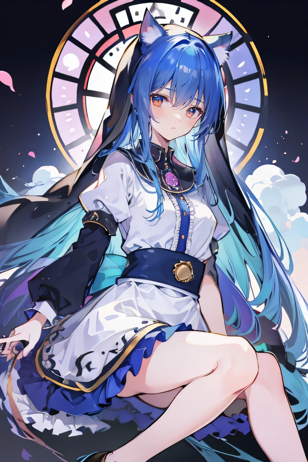 (masterpiece:1.2),Extremely detailed,Practical,expressive eyes,Fair skin,Perfect face shaping,1 Girl,
Japanese cartoons,Gorgeous blue hair, the long flowing blue hair,Floating clothes,Cat ears,Petals fall,beautiful lola,Young Angel,
Place your hands on your waist,sit elegantly on the ground,Cross your legs,Gentle and peaceful background,stately church,nun.