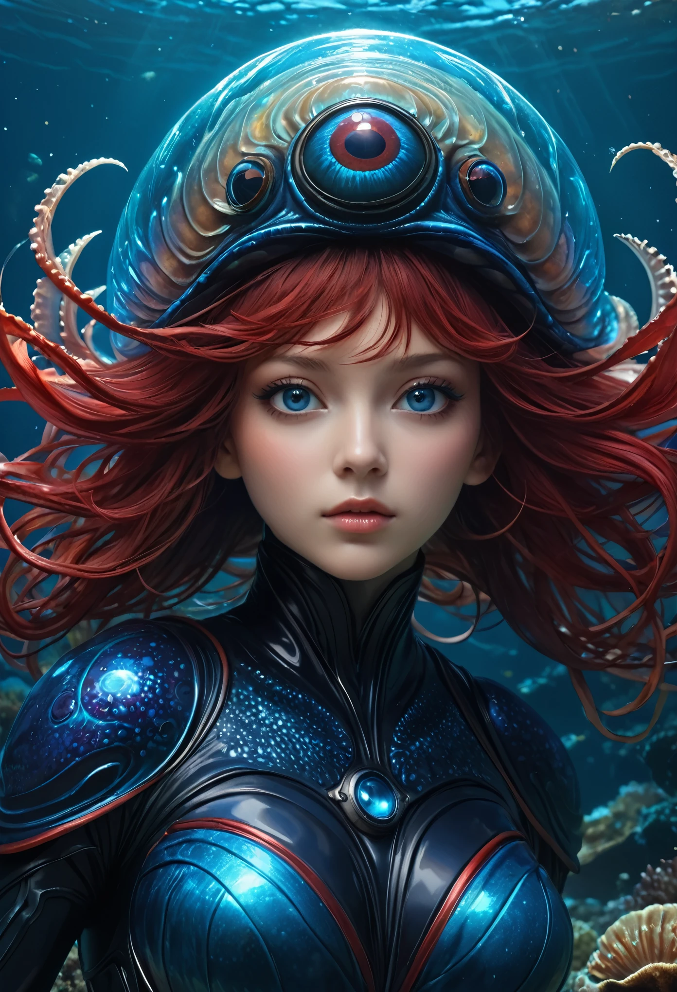 Best quality, masterpiece: 1,1), Fantastic view of an underwater alien clam, red-black-blue body textures, thin tentacle hair, 4 eyes with triangular pupils, a force field instead of a spacesuit, hyperrealistic, insanely detailed, this masterpiece of digital art can be compared with the wonderful works of Artgerm, Greg Rutkowski and Alphonse Mucha.