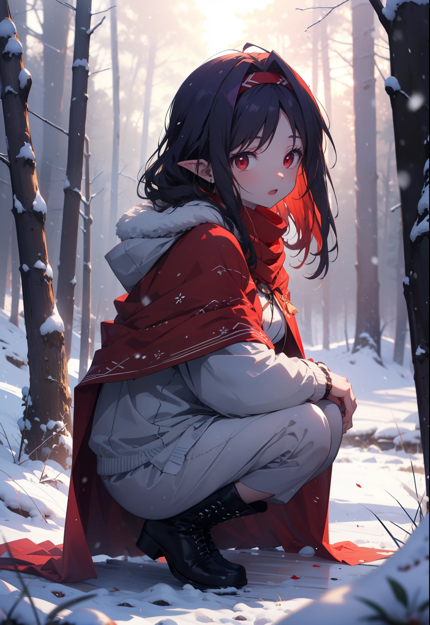 yuukikonno, Yuki Konno, hair band, Long Hair, Pointed Ears, Purple Hair, (Red eyes:1.5), (Small breasts:1.2), Open your mouth,snow, Bonfire , Outdoor, boots, snowing, From the side, wood, suitcase, Cape, Blurred, forest,nature, Squat, Mouth closed, 食べ物ed Cape, winter, Written boundary depth, Black shoes, red Cape
break looking at viewer, Upper Body, whole body,
break Outdoor, forest, nature,
break (masterpiece:1.2), highest quality, High resolution, unity 8k wallpaper, (shape:0.8), (Beautiful and beautiful eyes:1.6), Highly detailed face, Perfect lighting, Extremely detailed CG, (Perfect hands, Perfect Anatomy),