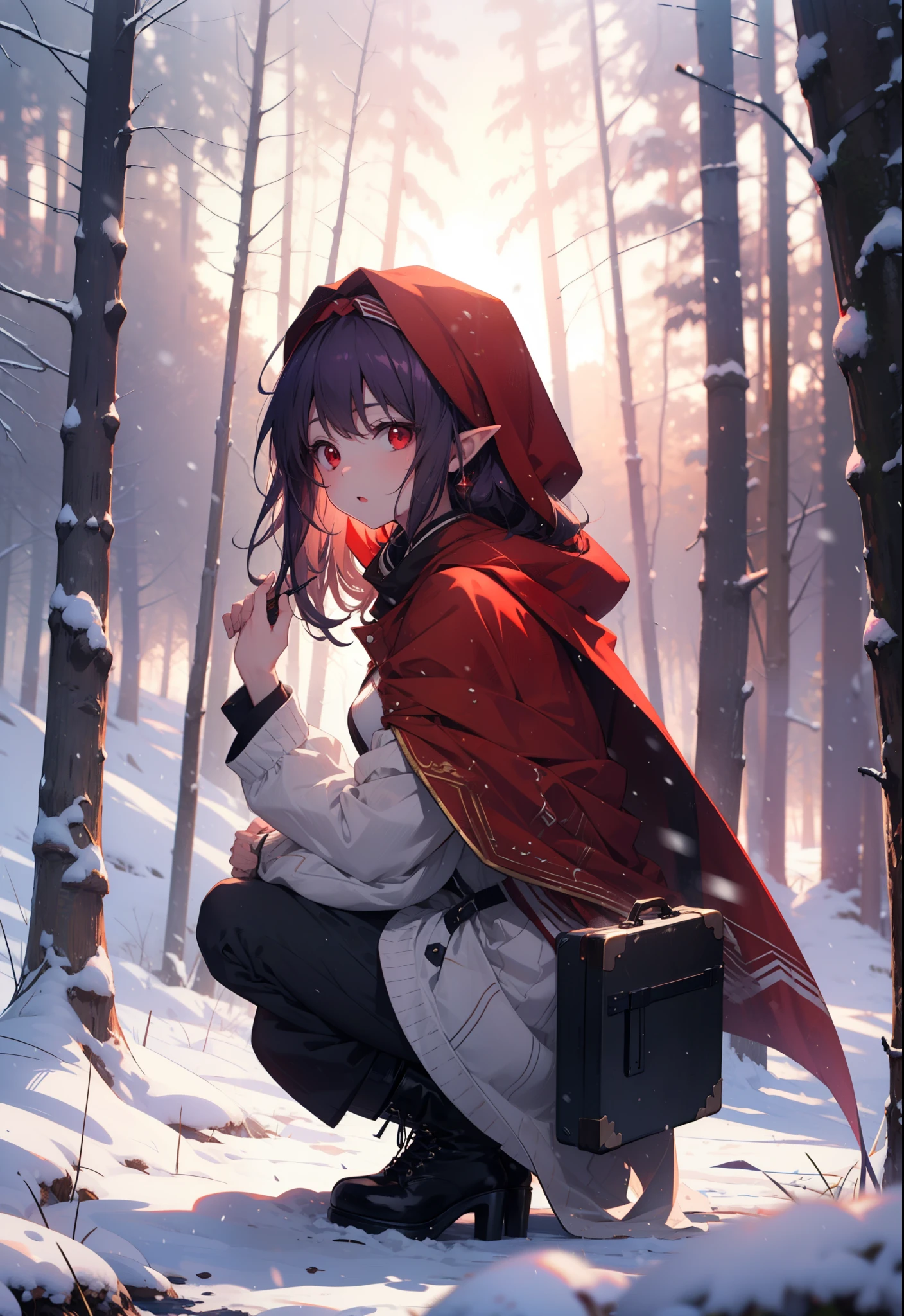 yuukikonno, Yuki Konno, hair band, Long Hair, Pointed Ears, Purple Hair, (Red eyes:1.5), (Small breasts:1.2), Open your mouth,snow, Bonfire , Outdoor, boots, snowing, From the side, wood, suitcase, Cape, Blurred, forest,nature, Squat, Mouth closed, 食べ物ed Cape, winter, Written boundary depth, Black shoes, red Cape
break looking at viewer, Upper Body, whole body,
break Outdoor, forest, nature,
break (masterpiece:1.2), highest quality, High resolution, unity 8k wallpaper, (shape:0.8), (Beautiful and beautiful eyes:1.6), Highly detailed face, Perfect lighting, Extremely detailed CG, (Perfect hands, Perfect Anatomy),