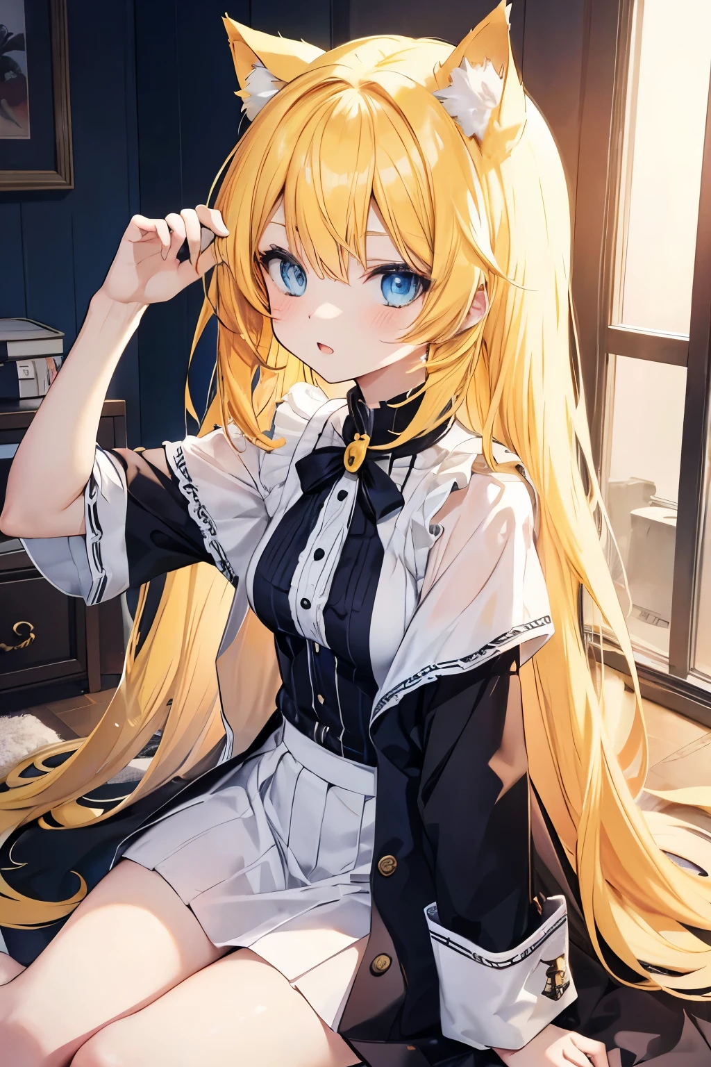 Anime cat girl with yellow hair and blue eyes is cute.
