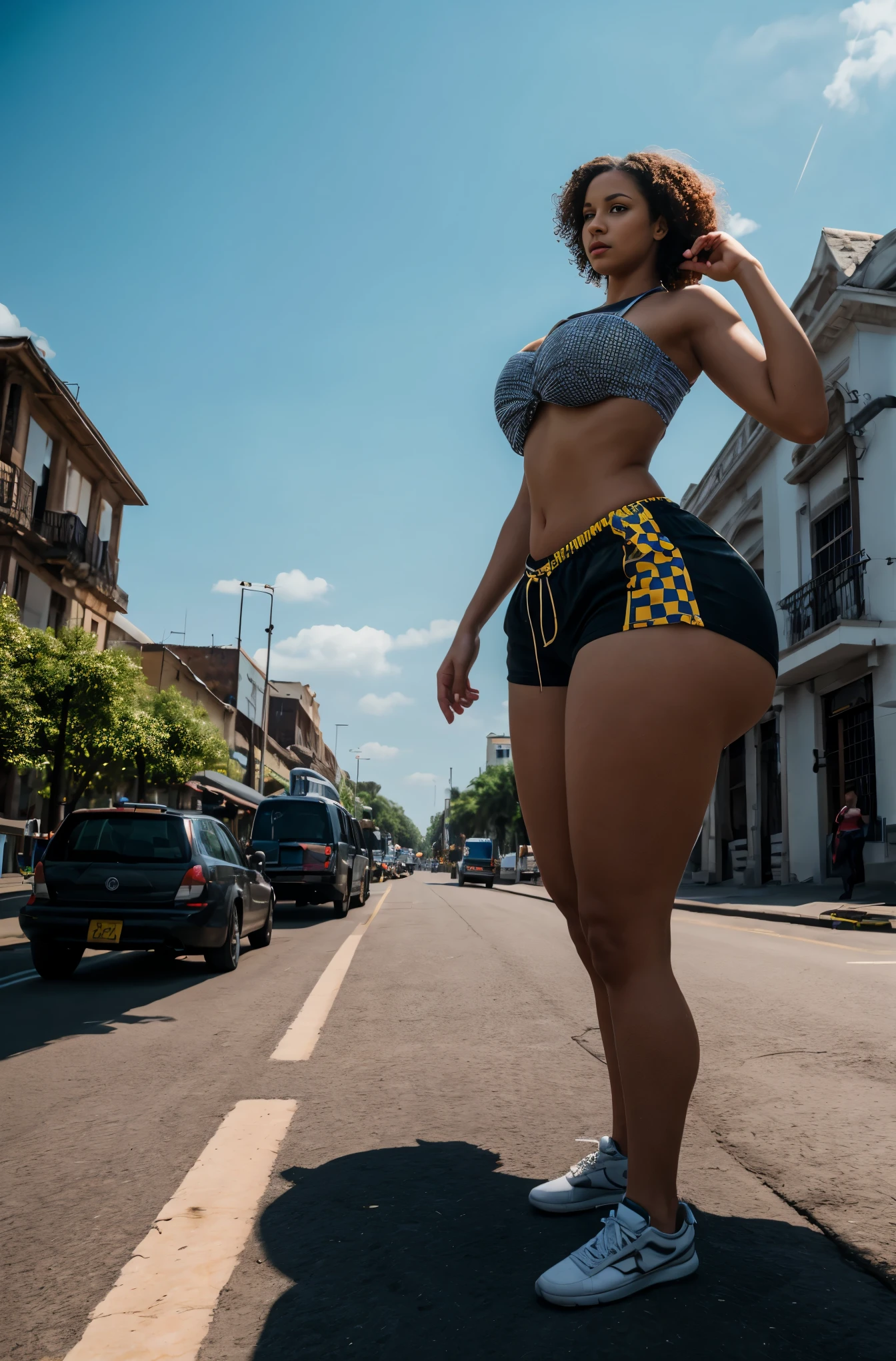 (best quality, highres, ultra-detailed), realistic, portrait, Colombian mature curly-haired busty lady, standing in the middle of traffic, looking up at an alien invasion, dressed in ripped booty shorts, checkered crop top tied in the front, vibrant colors, natural lighting.dogs everywhere