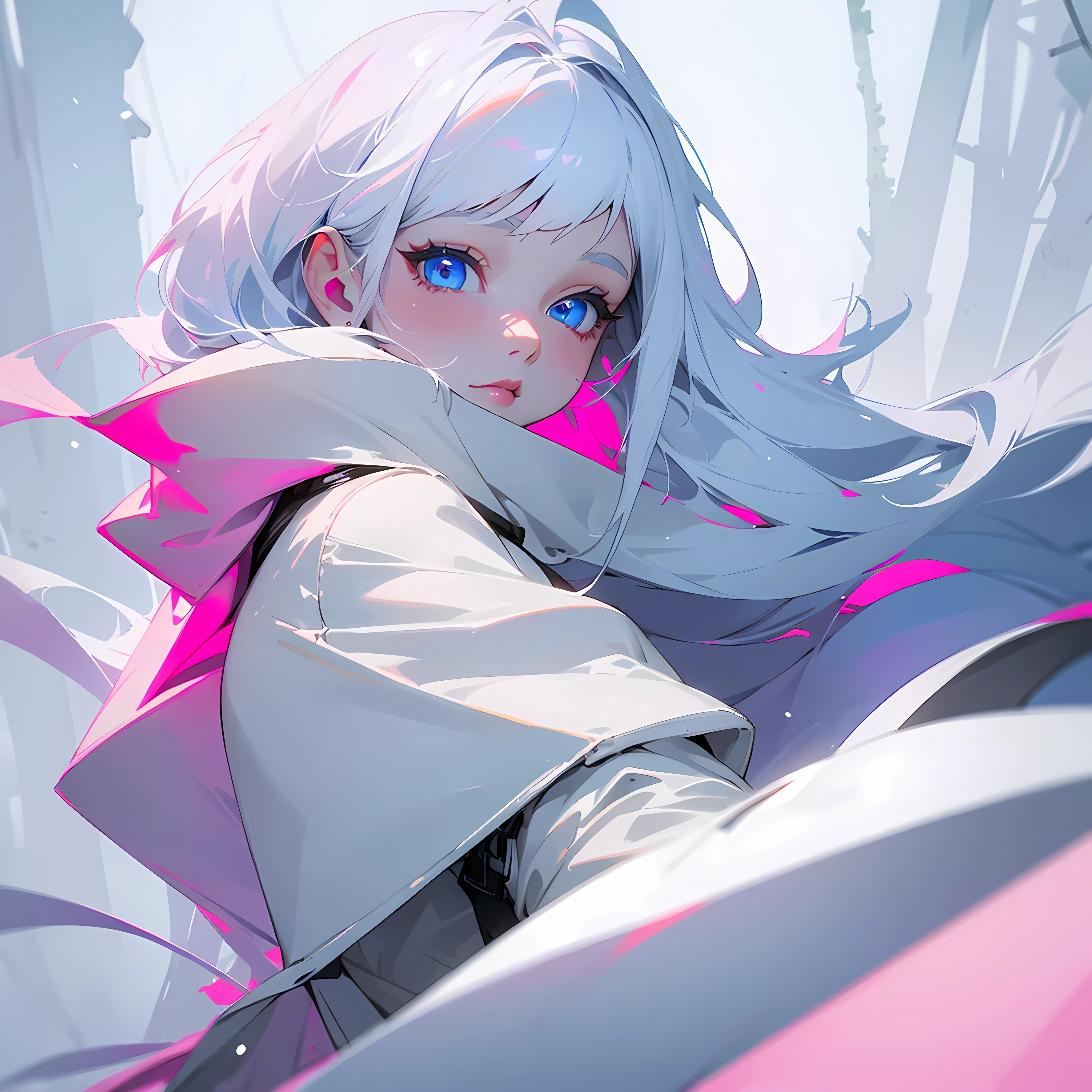 A girl, long, straight, white hair, white skin, wearing a white trench coat, in the middle of the snowy forest, blue eyes, pink lips, pink cheeks