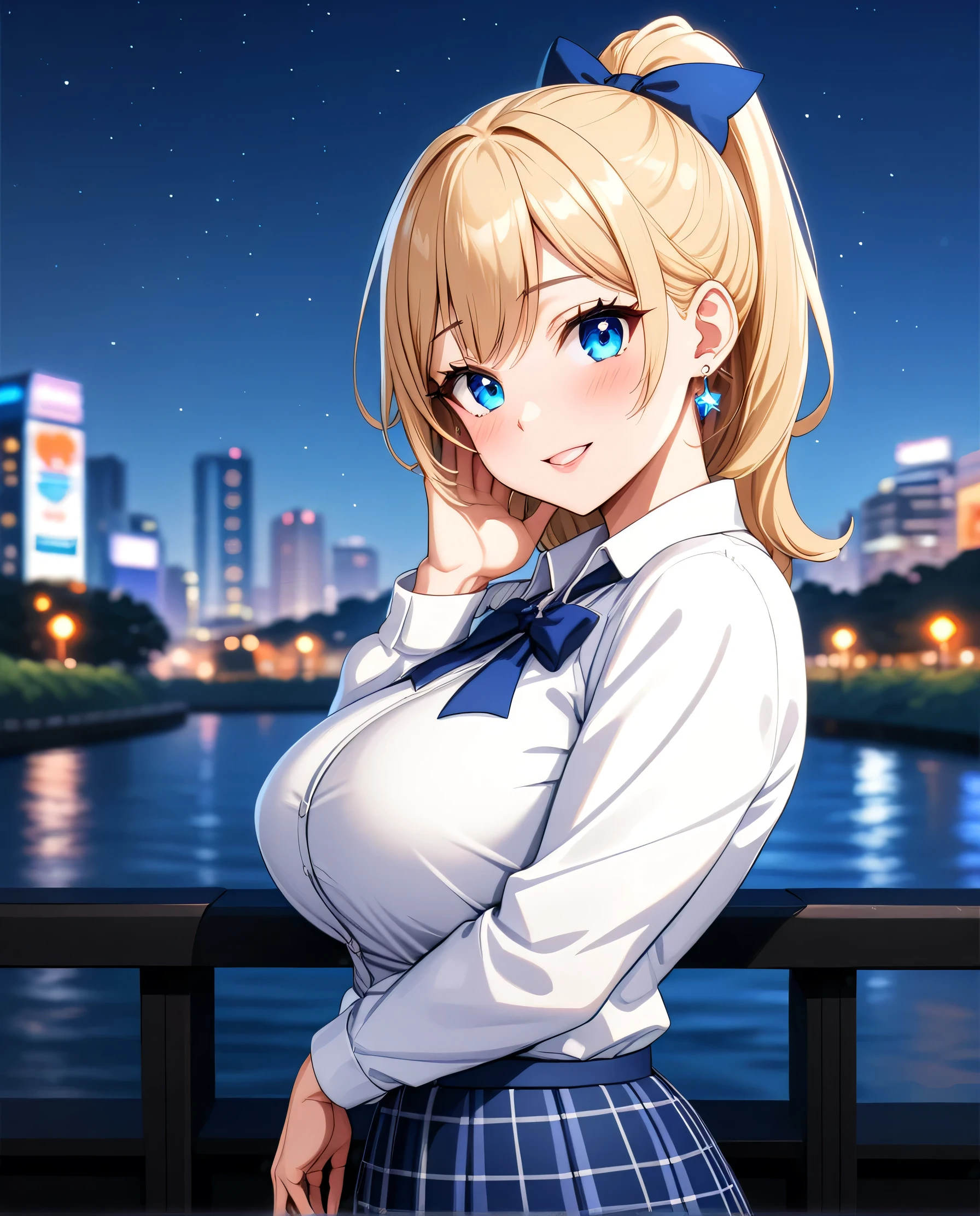 ((One girl)), Beautiful smile,Blushing,Open your mouth,Glossy Lips,Abstract, Yokohama night view park, ((Anime style background)),masterpiece, highest quality, so beautiful, Absurd, up to date, Complex details, Pink long nails,AI-generated, Complex,High resolution, highest quality, super high quality,3D Images、View the viewers、3D Images,one person,Long Blonde Hair,High Ponytail,blue eyes,Anime girl posing for photo, [[Fine grain、Colorful eyes、Shining Eyes:1.15]],(Squint your eyes:1.1),a hyperRealistic , hyperRealistic , Realistic , blonde anime girl with long hair, Smooth anime CG art, Beautiful anime school girl,White long sleeve blouse,Blue checked skirt,Big blue chest ribbon, Earrings,(Large Breasts:1.3),Mature Body,tall,Big Ass,Fine details,Abdominal muscles,(Look Back),Stick your butt out,Put your hands on your face