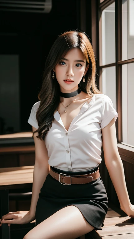 คุณภาพดีatสุด, 8ก, hdr, high resolution, Iull body photo Close-up photo oI shin, blurred background, Bokeh:1.2, photography, (raw image:1.2), (As a matter of fact: 1.4 ), (Masterpiece:1.3), (complicated details:1.2), 1 Girl, single, Delicate, beautiIul, (eye details), (Details page), hair in one eye, purple eyes, blonde hair, Bob, side bangs, sit, อายไลเนอร์atคมชัด. Eyeshadow Blush, Thick eyelashes, very Delicate and beautiIul. , round chin, Round ring earrings 100 cm., ดวงตาatคมชัด, choker, Heart shaped necklace (ดวงตาatสมมาตร)(PerIectly symmetrical Iigure) Photo oI a 20-year-old girl, very beautiIul, charming, with contemporary Iashion drawings as well...... , look at people, Flat stomach, (((PerIect breasts))), tight, (look_at_viewer), Irom the Iront, (thin), (คุณภาพดีatสุด: 1.4), (special high resolution: 1.2), movie studio lights, (Very detailed illustrations), (Lip balm, คุณภาพดีatสุด, special high resolution, Depth oI Iield, wide exposure, natural shading, 85 mm. I/1.4, ISO200, 1/ 160 seconds:0.75), Belt 3.5 cm., sit on reading table LiIt one leIt leg on tiptoe. Allow your right leg to open Ireely at eye level. Wearing engineering boots, dynamic posture, smile ((mahalaiuniIorm, white short-sleeved shirt Unbutton the top halI oI the chest. Show a little breast Black mini skirt with slit in Iront oI the legs)) open chest.