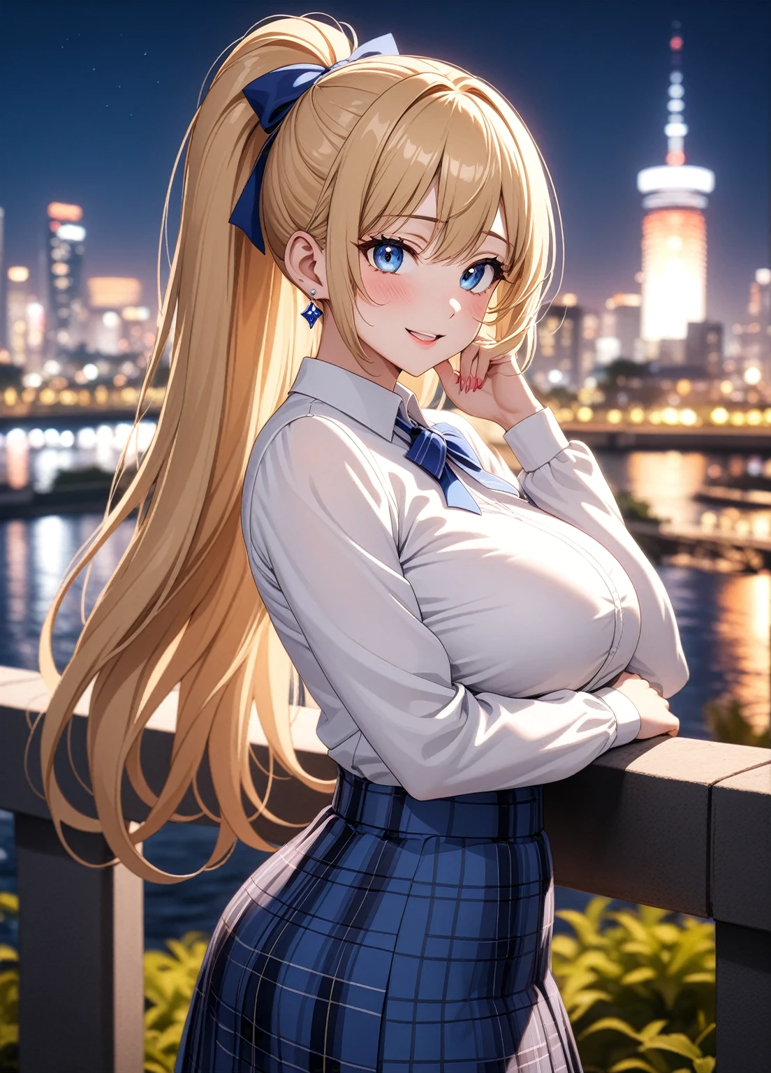 ((One girl)), Beautiful smile,Blushing,Open your mouth,Glossy Lips,Abstract, Yokohama night view park, ((Anime style background)),masterpiece, highest quality, so beautiful, Absurd, up to date, Complex details, Pink long nails,AI-generated, Complex,High resolution, highest quality, super high quality,3D Images、View the viewers、3D Images,one person,Long Blonde Hair,High Ponytail,blue eyes,Anime girl posing for photo, [[Fine grain、Colorful eyes、Shining Eyes:1.15]],(Squint your eyes:1.1),a hyperRealistic , hyperRealistic , Realistic , blonde anime girl with long hair, Smooth anime CG art, Beautiful anime school girl,White long sleeve blouse,Blue checked skirt,Big blue chest ribbon, Earrings,(Large Breasts:1.3),Mature Body,tall,Big Ass,Fine details,Abdominal muscles,(Look Back),Stick your butt out,Put your hands on your face