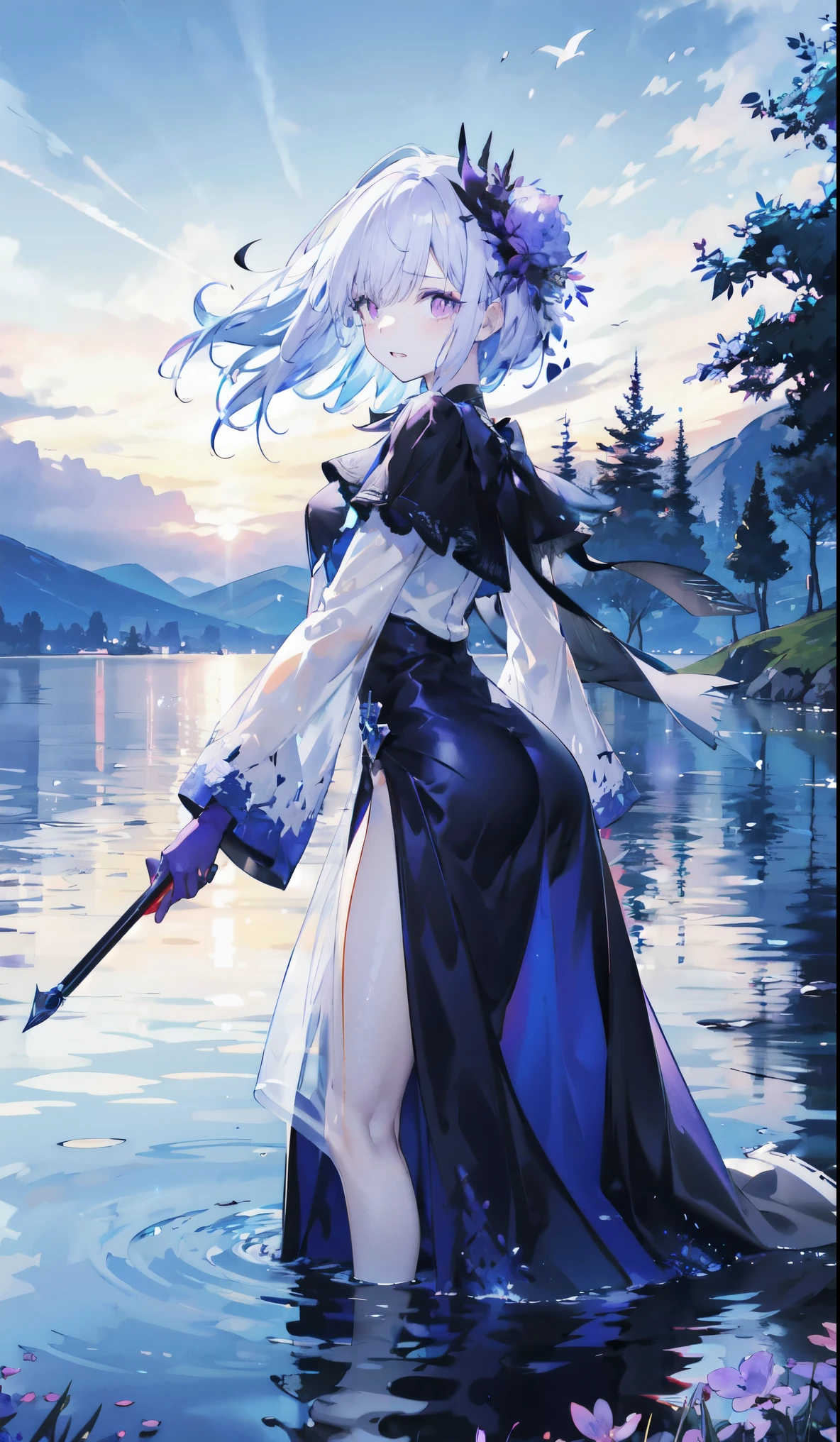 （（masterpiece：1.4，best quality）），（Super detailed），（Extremely detailed eyes），（Black leggings，Shiny socks：1.5），Hello Darkness
（Sexy girls），(28 year old girl)，（Blood-red pupils，Diamond-shaped pupil：1.15），Purple Eyeshadow，（Elongated hair，Thick hair，shiny hair：1.5）（Variza：1.2），Fair skin，despair，Grief，Empty eyes，Tears streaming down my face，tilt head to one side，Kneel down
（She wears blue armor，A blue dress，：1.5），（blue gloves：1.4）Very long plush sleeves，White，White Cloud，Dream bubbles ，Ice and glitter effects
（Black long skirt：1.1），
（dawn：1.2），
（Intense black and white：1.16），（Depth of Field：1.4），，Intricate details，(Sky Castle，Standing on the lake，Purple flowers by the lake)