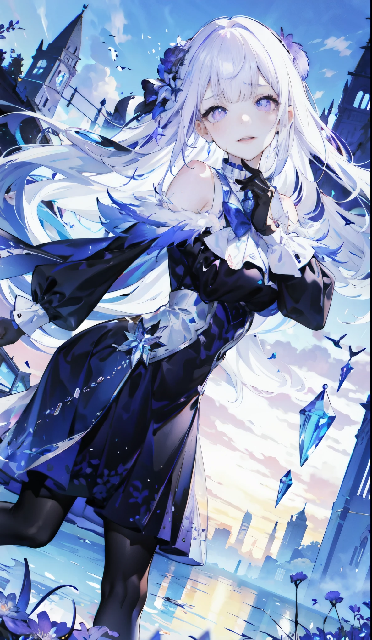 （（masterpiece：1.4，best quality）），（Super detailed），（Extremely detailed eyes），（Black leggings，Shiny socks：1.5），Hello Darkness
（Sexy girls），(28 year old girl)，（Blood-red pupils，Diamond-shaped pupil：1.15），Purple Eyeshadow，（Elongated hair，Thick hair，shiny hair：1.5）（Variza：1.2），Fair skin，despair，Grief，Empty eyes，Tears streaming down my face，tilt head to one side，Kneel down
（She wears blue armor，A blue dress，：1.5），（blue gloves：1.4）Very long plush sleeves，White，White Cloud，Dream bubbles ，Ice and glitter effects
（Black long skirt：1.1），
（dawn：1.2），
（Intense black and white：1.16），（Depth of Field：1.4），，Intricate details，(Sky Castle，Standing on the lake，Purple flowers by the lake)