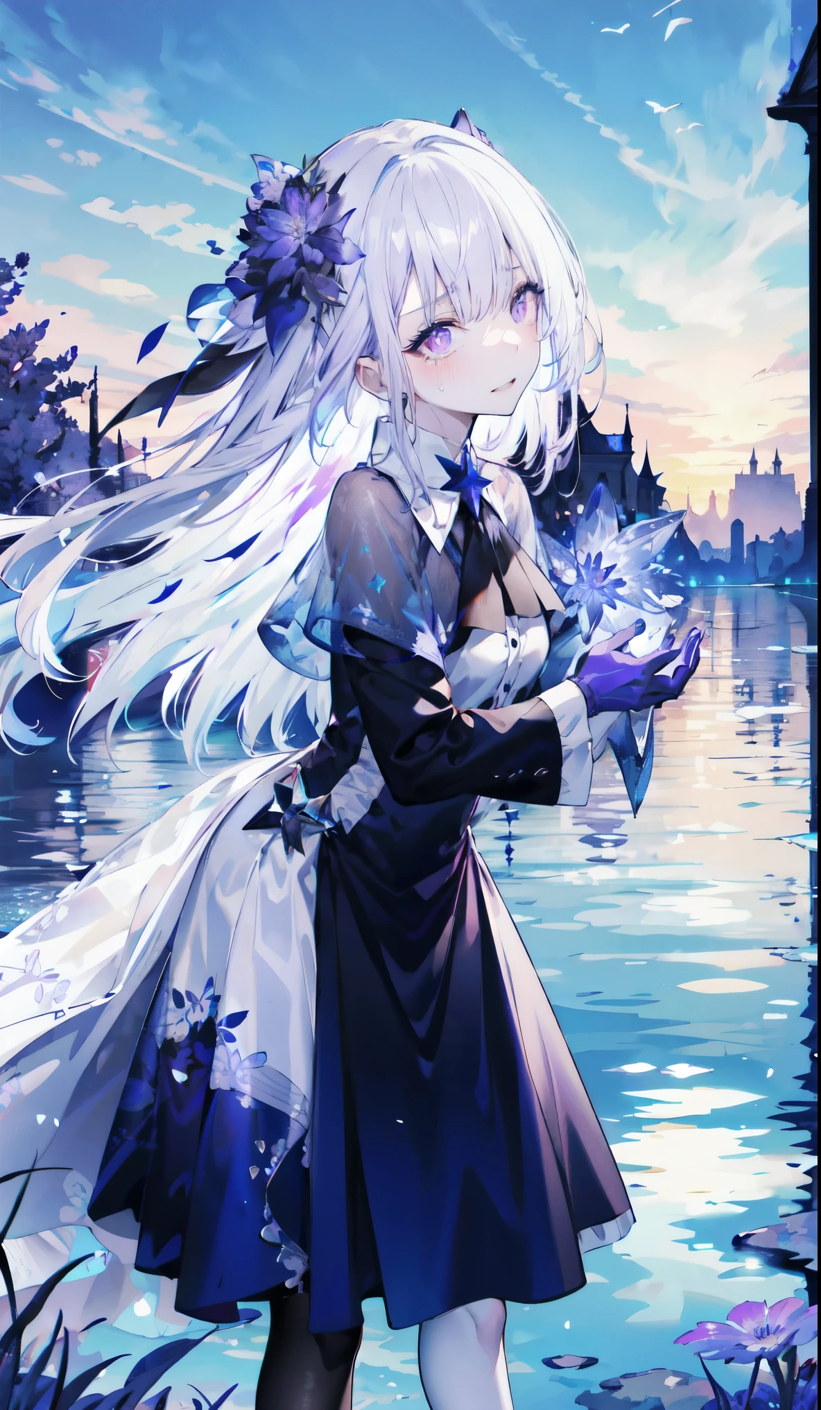 （（masterpiece：1.4，best quality）），（Super detailed），（Extremely detailed eyes），（Black leggings，Shiny socks：1.5），Hello Darkness
（Sexy girls），(28 year old girl)，（Blood-red pupils，Diamond-shaped pupil：1.15），Purple Eyeshadow，（Elongated hair，Thick hair，shiny hair：1.5）（Variza：1.2），Fair skin，despair，Grief，Empty eyes，Tears streaming down my face，tilt head to one side，Kneel down
（She wears blue armor，A blue dress，：1.5），（blue gloves：1.4）Very long plush sleeves，White，White Cloud，Dream bubbles ，Ice and glitter effects
（Black long skirt：1.1），
（dawn：1.2），
（Intense black and white：1.16），（Depth of Field：1.4），，Intricate details，(Sky Castle，Standing on the lake，Purple flowers by the lake)