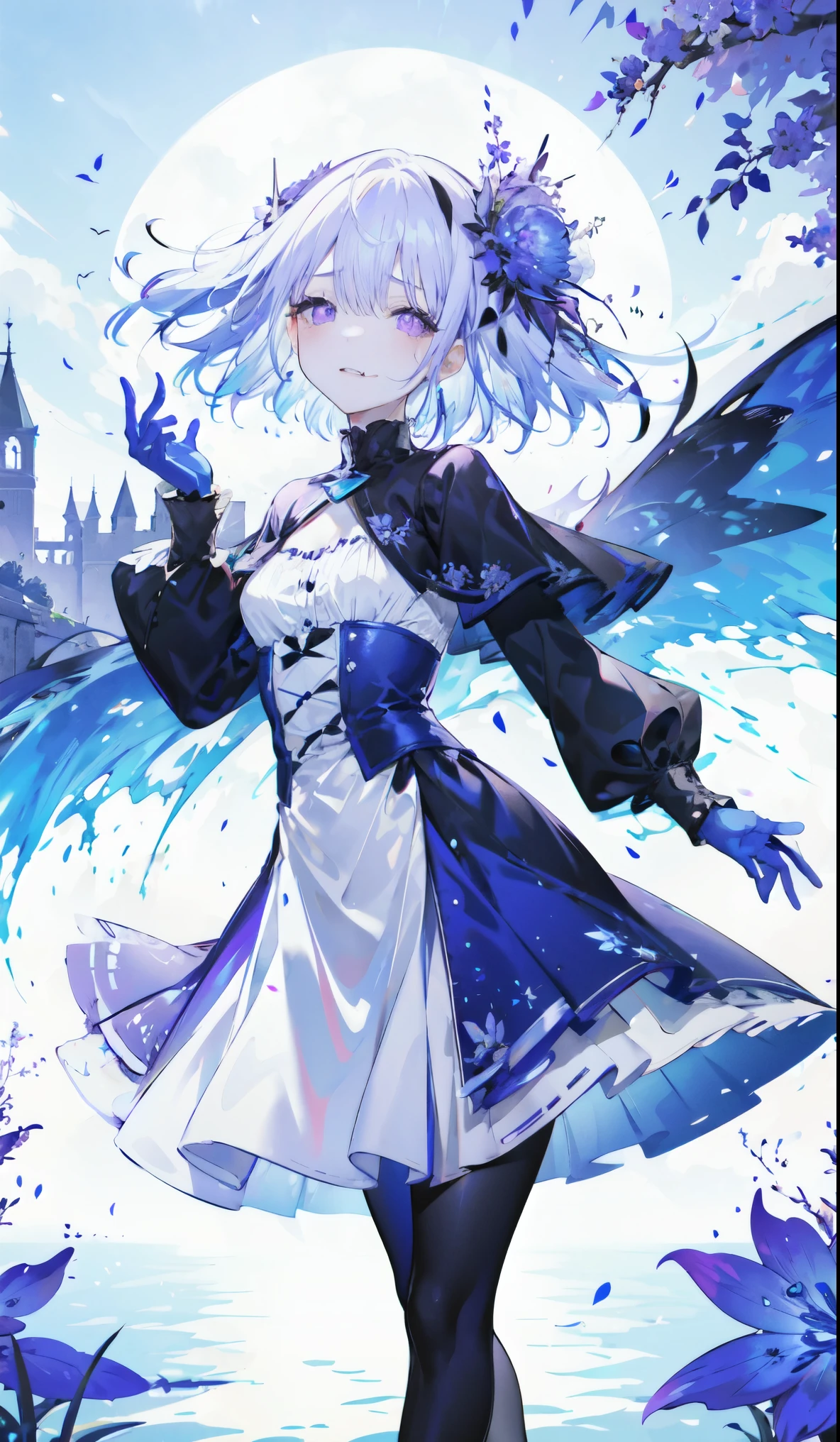 ((masterpiece:1.4,best quality)),(Super detailed),(Extremely detailed eyes),(Black leggings,Shiny socks:1.5),Hello Darkness
(Sexy girls),(28 year old girl),(Blood-red pupils,Diamond-shaped pupil:1.15),Purple Eyeshadow,(Elongated hair,Thick hair,shiny hair:1.5)(Variza:1.2),Fair skin,despair,Grief,Empty eyes,Tears streaming down my face,tilt head to one side,Kneel down
(She wears blue armor,A blue dress,:1.5),(blue gloves:1.4)Very long plush sleeves,White,White Cloud,Dream bubbles ,Ice and glitter effects
(Black long skirt:1.1),
(dawn:1.2),
(Intense black and white:1.16),(Depth of Field:1.4),,Intricate details,(Sky Castle,Standing on the lake,Purple flowers by the lake)