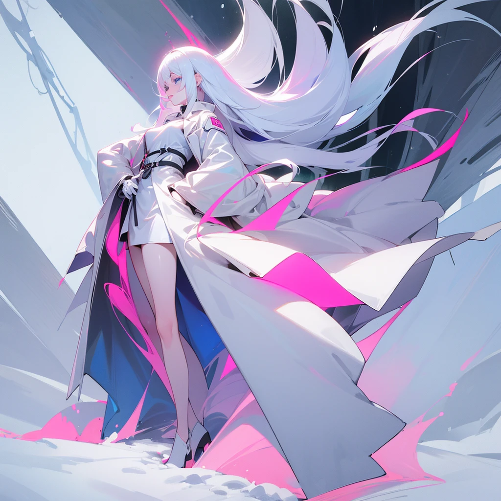 A girl, long, straight, white hair, white skin, wearing a white trench coat, in the middle of the snowy forest, blue eyes, pink lips, pink cheeks, Full Body