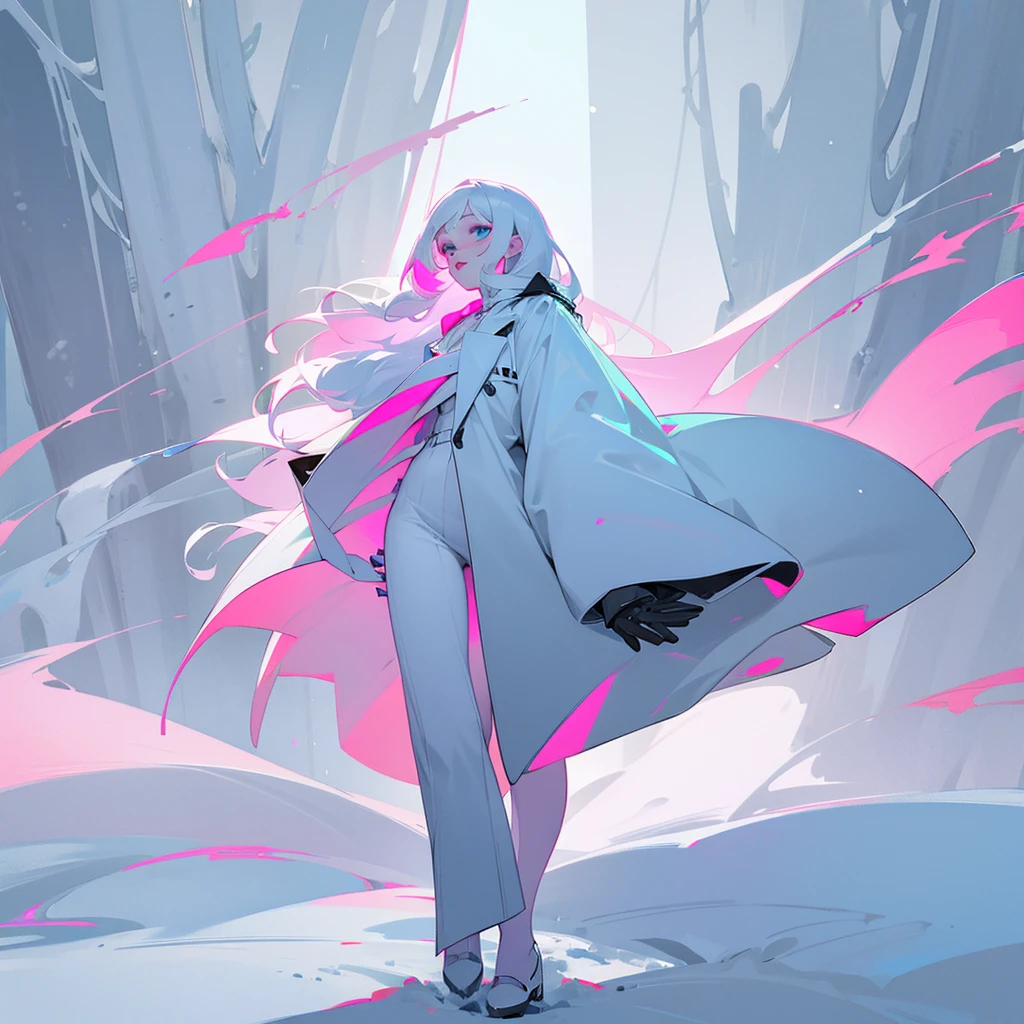 A girl, long, straight, white hair, white skin, wearing a white trench coat, in the middle of the snowy forest, blue eyes, pink lips, pink cheeks, Full Body