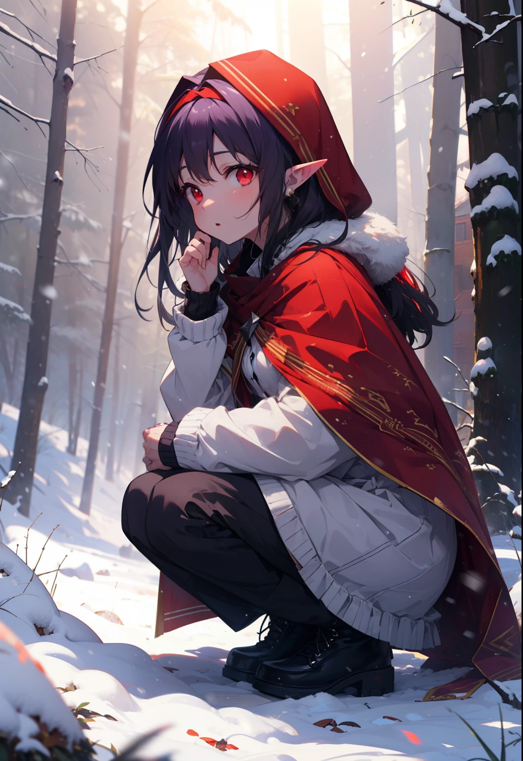 yuukikonno, Yuki Konno, hair band, Long Hair, Pointed Ears, Purple Hair, (Red eyes:1.5), (Small breasts:1.2), Open your mouth,snow, Bonfire , Outdoor, boots, snowing, From the side, wood, suitcase, Cape, Blurred, forest,nature, Squat, Mouth closed, 食べ物ed Cape, winter, Written boundary depth, Black shoes, red Cape
break looking at viewer, Upper Body, whole body,
break Outdoor, forest, nature,
break (masterpiece:1.2), highest quality, High resolution, unity 8k wallpaper, (shape:0.8), (Beautiful and beautiful eyes:1.6), Highly detailed face, Perfect lighting, Extremely detailed CG, (Perfect hands, Perfect Anatomy),