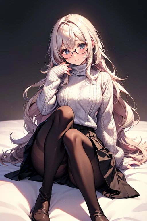 best quality, 32k, RAW photo, incredibly absurdres, extremely detailed, delicate texture, cute woman, glasses, braided bangs wavy hair, wearing fluffy long-pile knit sweater, fluffy skirt, skirt lift, pantyhose, fluffy long boots, amorous and lewd expression, superlative body proportion, shy person, shy gesture, background iridescent pastel color