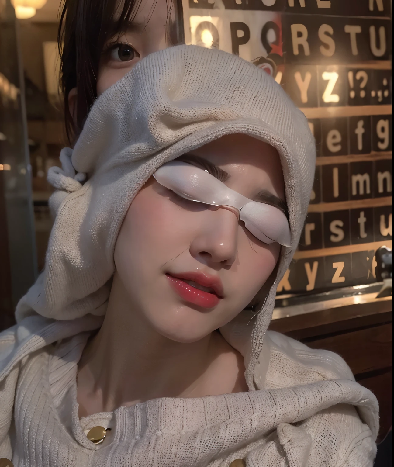 (masterpiece:1.3), (8K, Photorealsitic, Raw photography, Top image quality: 1.4), Japan high school girls、(Random hairstyles:1.2)、cleavage of the breast:1.2、Super Detail Face、Eye of Detail、double eyelid、Bring your chest together、sharp focus:1.2、prety woman:1.4、light brown hair、top-quality、masterpiece、超A high resolution、(Photorealsitic:1.4)、Highly detailed and professional lighting smile、Loose and light knitwear、Shoulder out、slender、serious facial expression、short-haired、Fatal position