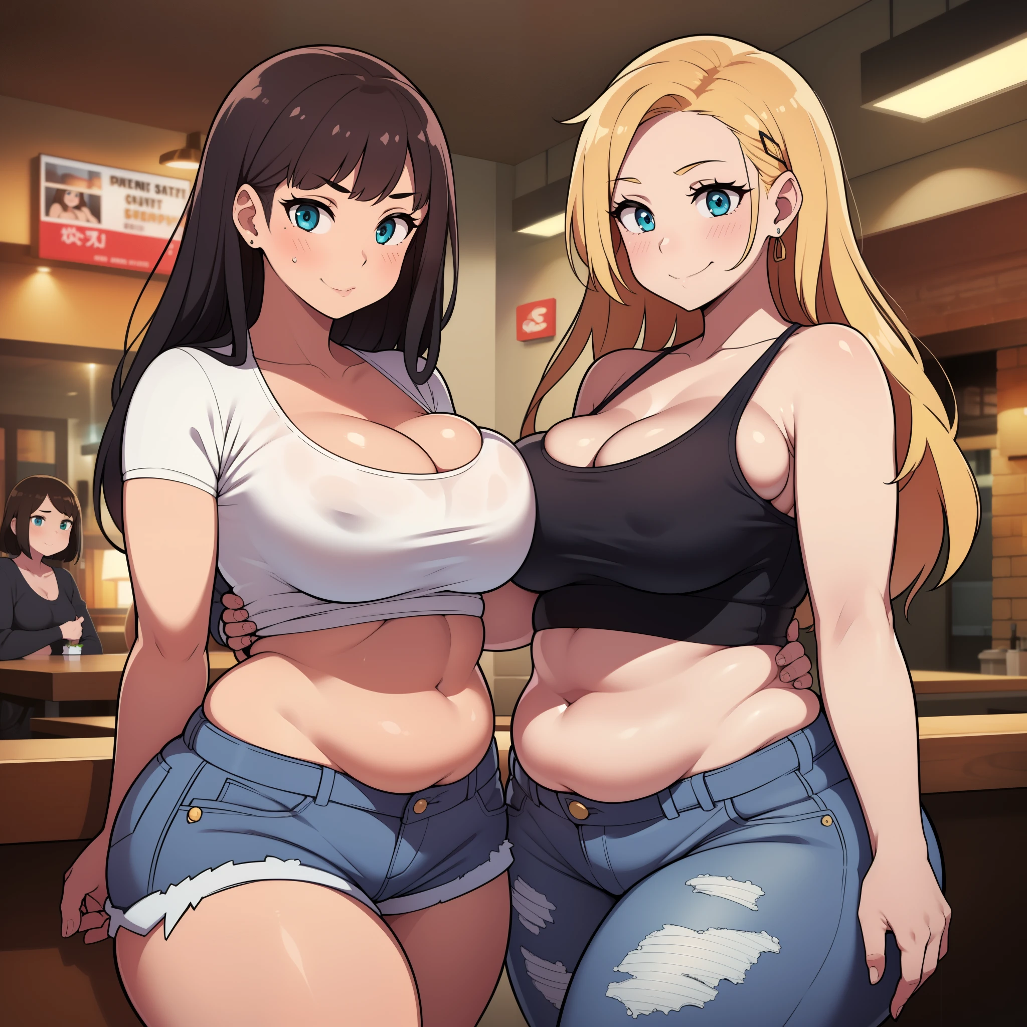 ((highres)), Masterpiece, high quality, best quality, beautiful, perfect lighting, detailed face, ultra cute face, ((2girls)), sexually suggestive, seductive smile, blush, one girl has blonde hair, blue eyes, crop top and shorts, one girl has brown hair, green eyes, jeans, white shirt, fast food restaurant, cleavage, medium breasts, ((wide hips)), ((thick thighs)), (fat ass), ((plump)), chubby belly, belly grab, fat folds, standing next to each other,