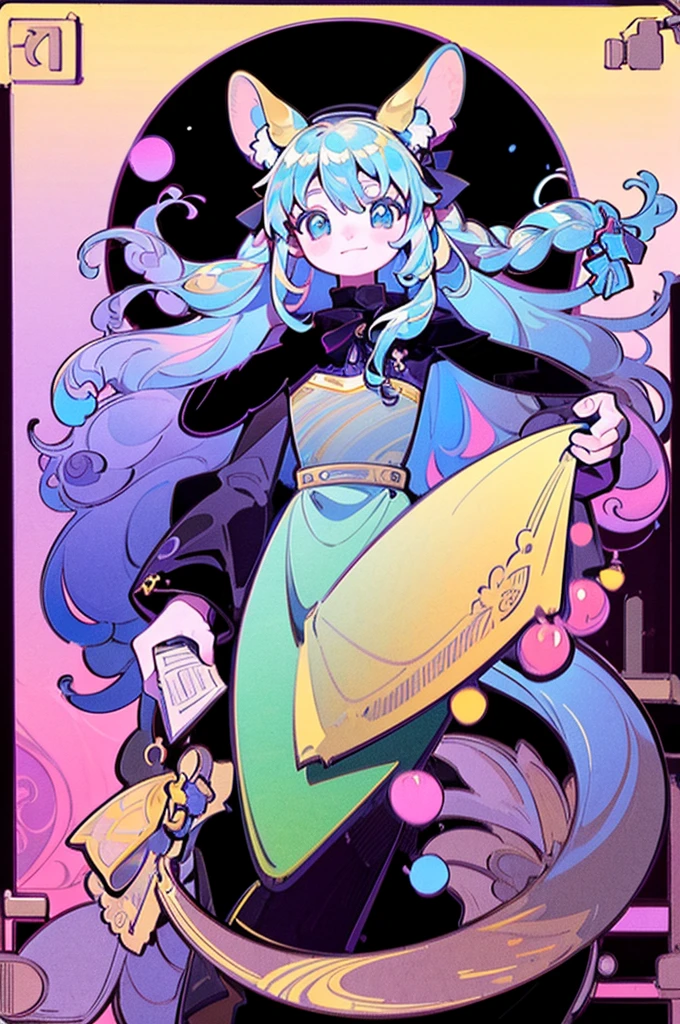 masterpiece, best quality, extremely detailed, detailed background, detailed face, smiling, (dynamic pose), parted bangs, 1girl, faun, long hair, white background, magical dress, full body, very long hair, simple background, Grimoire, bow, braid, hair bow, looking at viewer, standing, (majestic pose), hair ornament, long sleeves, pink dress, black footwear, green bow, shiny hair, animal ears, hat, brown eyes, love letter, holding envelope, iridescent hair, digital art, masterpiece, 最high quality, super detailed, high quality, 4K, Style by NTY, profound themes of philosophy. The artwork showcases the influence of Alphonse Mucha's iconic style