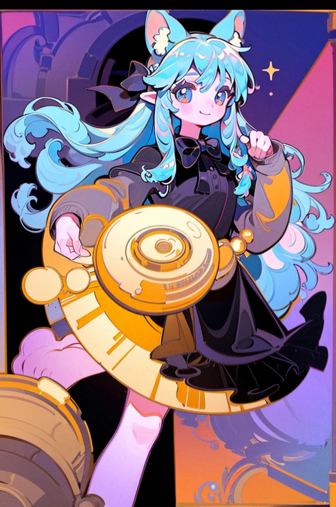 masterpiece, best quality, extremely detailed, detailed background, detailed face, smiling, (dynamic pose), parted bangs, 1girl, faun, long hair, white background, magical dress, full body, very long hair, simple background, Grimoire, bow, braid, hair bow, looking at viewer, standing, (majestic pose), hair ornament, long sleeves, pink dress, black footwear, green bow, shiny hair, animal ears, hat, brown eyes, love letter, holding envelope, iridescent hair, digital art, masterpiece, 最high quality, super detailed, high quality, 4K, Style by NTY, profound themes of philosophy. The artwork showcases the influence of Alphonse Mucha's iconic style 