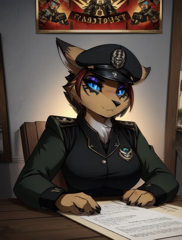 Warhammer_40 thousand_Commissar,((masterpiece)), (Best quality), (detailed), Black uniform, mascara, Eyeliner, eyeshadow, Upper body, pomade, женщина anthro furry fox, Propaganda poster, wicked, bristle,
 (8k contract, masterpiece, Best quality, High quality, absurdity, ultra-detailed)