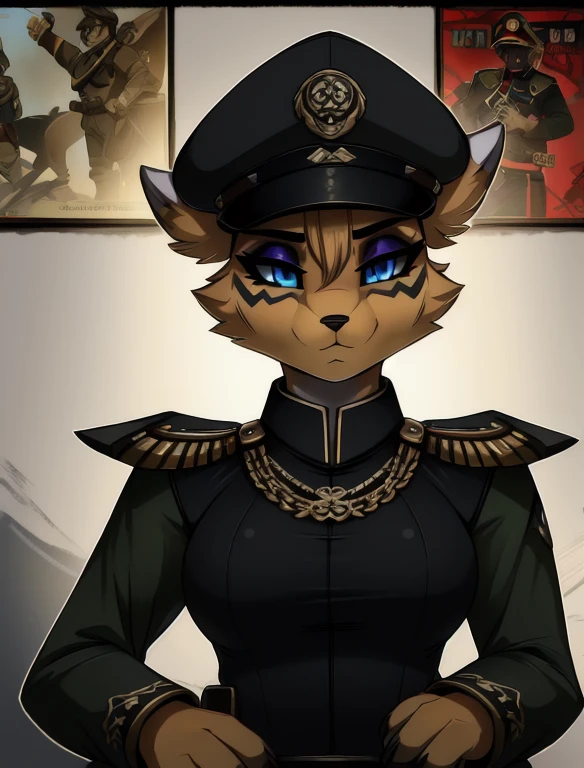 Warhammer_40 thousand_Commissar,((masterpiece)), (Best quality), (detailed), Black uniform, mascara, Eyeliner, eyeshadow, Upper body, pomade, женщина anthro furry fox, Propaganda poster, wicked, bristle,
 (8k contract, masterpiece, Best quality, High quality, absurdity, ultra-detailed)