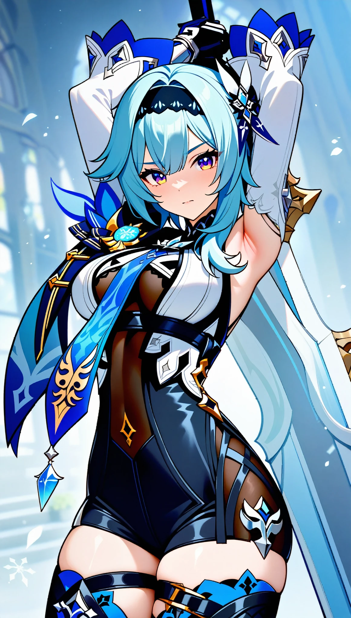 masterpiece, best quality, very aesthetic, absurdres, newest, cowboy_shot,
eula_(genshin_impact), genshin_impact, 1girl, belt, black_gloves, black_hairband, black_leotard, black_thighhighs, blue_cape, blue_hair, breasts, brown_eyes, cape, gloves, greatsword, hair_ornament, hairband, large_breasts, leotard, long_sleeves,medium_hair, necktie, shirt, sidelocks, song_of_broken_pines_(genshin_impact), sword, thighhighs, thighs, underbust, vision_(genshin_impact), weapon, white_shirt, looking_at_viewer, arms_up, armpit
