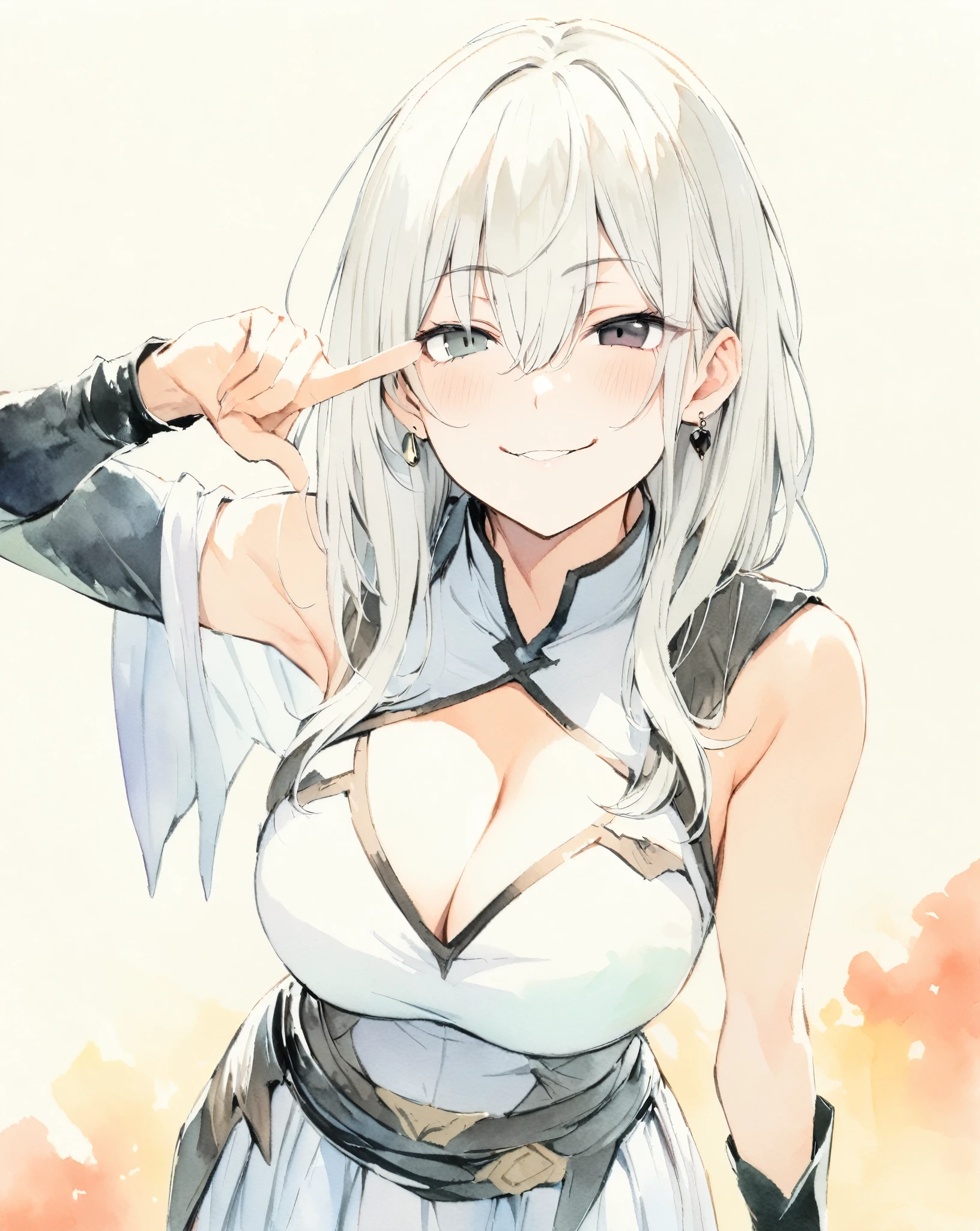 masterpiece, Best quality, watercolor (medium), 1girl, breast, solo, One-sided long sideburns, Cleavage, Black and white hair, Black eyes, Heterochromia, earrings, Bangs, jewelry, skirt, Bare shoulders, sleeveless, Hair between the eyes, 单Scapula, looking at the audience, Photo poses, Right index finger poking the cheek, Five fingers, large breast, armor, shoulder armor, sleeveless skirt, Upper Body, Single sleeve, white skirt, Scapula, Devil smile