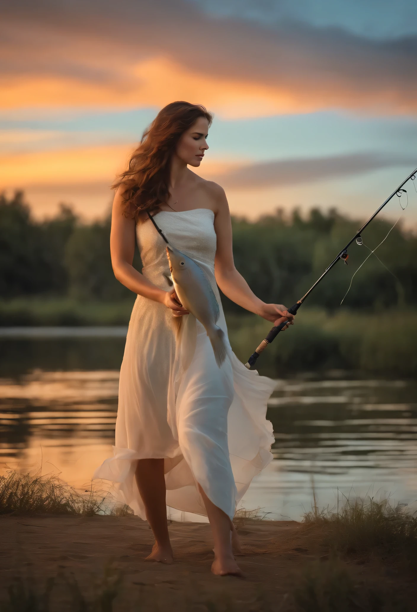 a beautiful woman is fishing for a big fish, bright background, twilight sky, pale white skin color, carrying a fishing pole
