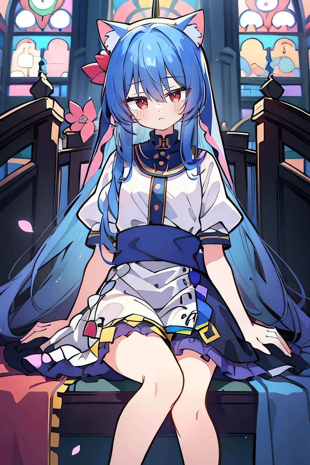 (masterpiece:1.2),Extremely detailed,Practical,expressive eyes,Fair skin,Perfect face shaping,1 Girl,
Japanese cartoons,Gorgeous blue hair, the long flowing blue hair,Floating clothes,Cat ears,Petals fall,beautiful lola,Young Angel,
Place your hands on your waist,sit elegantly on the ground,Cross your legs,Gentle and peaceful background,stately church,nun.