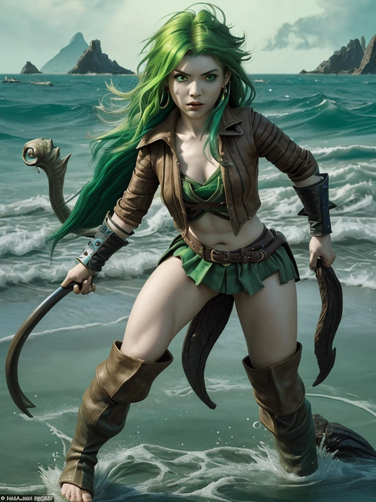 Female halfling pirate with toxic green hair, green eyes, piercings, full body, fighting sea monsters