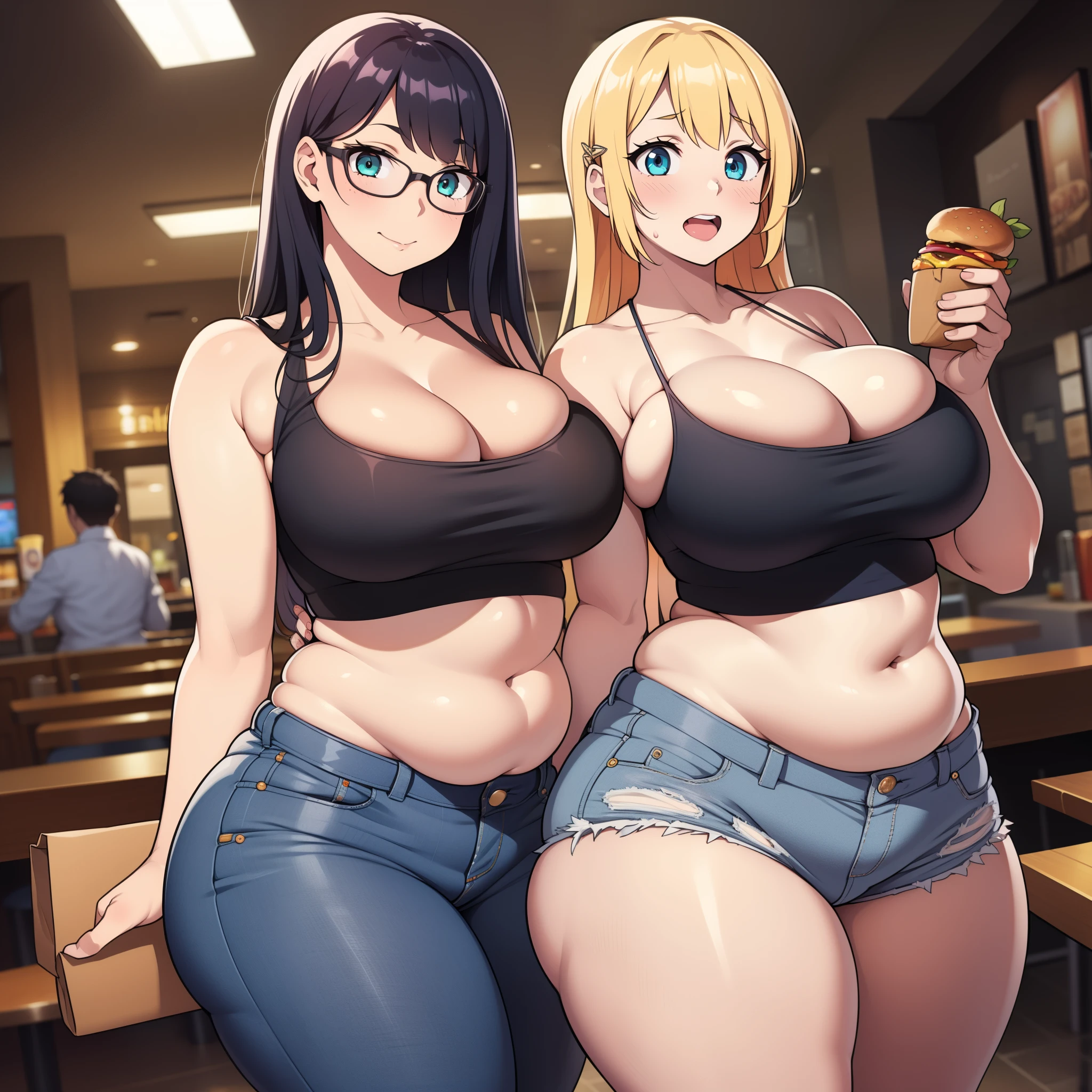 ((highres)), Masterpiece, high quality, best quality, beautiful, perfect lighting, detailed face, ultra cute face, ((2girls)), sexually suggestive, seductive smile, blush, one girl has blonde hair, blue eyes, crop top and shorts, one girl has brown hair, green eyes, jeans, white shirt, fast food restaurant, cleavage, medium breasts, ((wide hips)), ((thick thighs)), (fat ass), ((plump)), chubby belly, belly grab, fat folds, standing next to each other, 