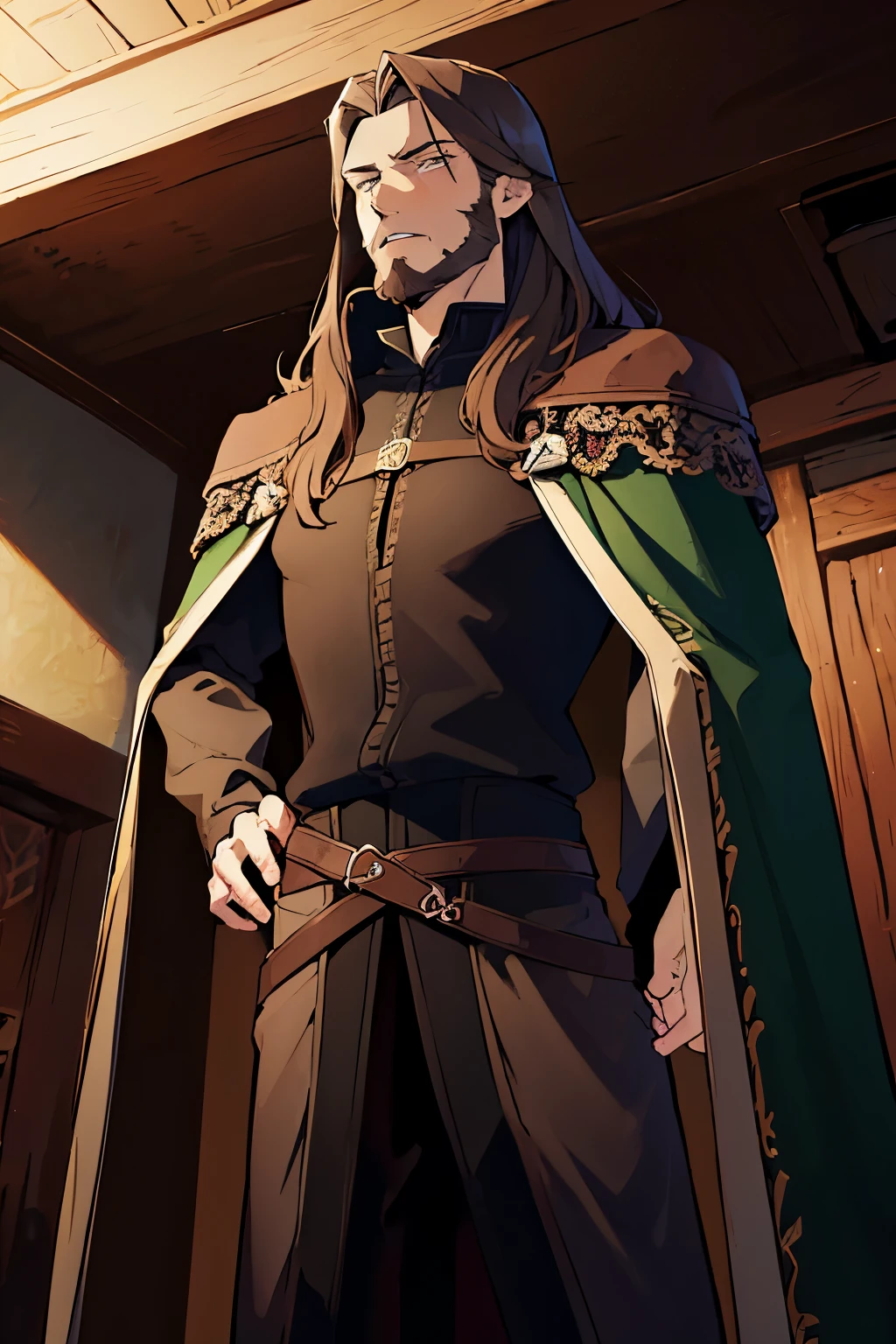 1 man, long brown hair, very short beard, green eyes, wearing dark brown leather cape and grey shirt, wooden room background, fantasy, medieval, high res, ultrasharp, 8K, masterpiece, looking behind viewer