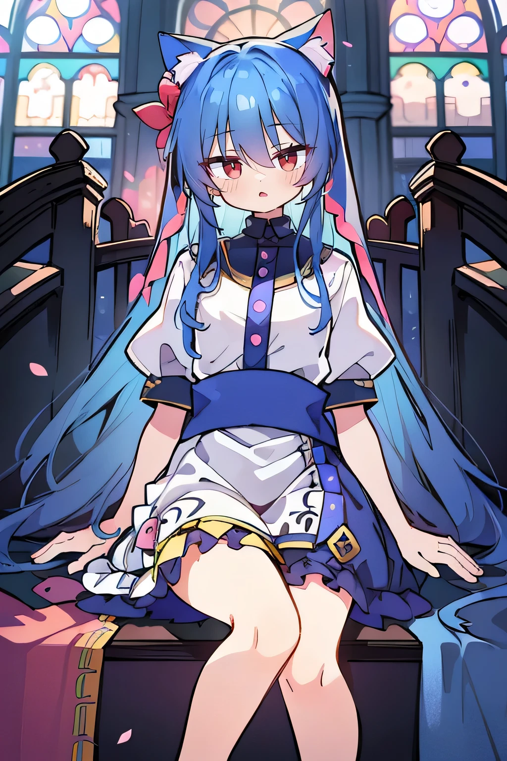 (masterpiece:1.2),Extremely detailed,Practical,expressive eyes,Fair skin,Perfect face shaping,1 Girl,
Japanese cartoons,Gorgeous blue hair, the long flowing blue hair,Floating clothes,Cat ears,Petals fall,beautiful lola,Young Angel,
Place your hands on your waist,sit elegantly on the ground,Cross your legs,Gentle and peaceful background,stately church,nun.