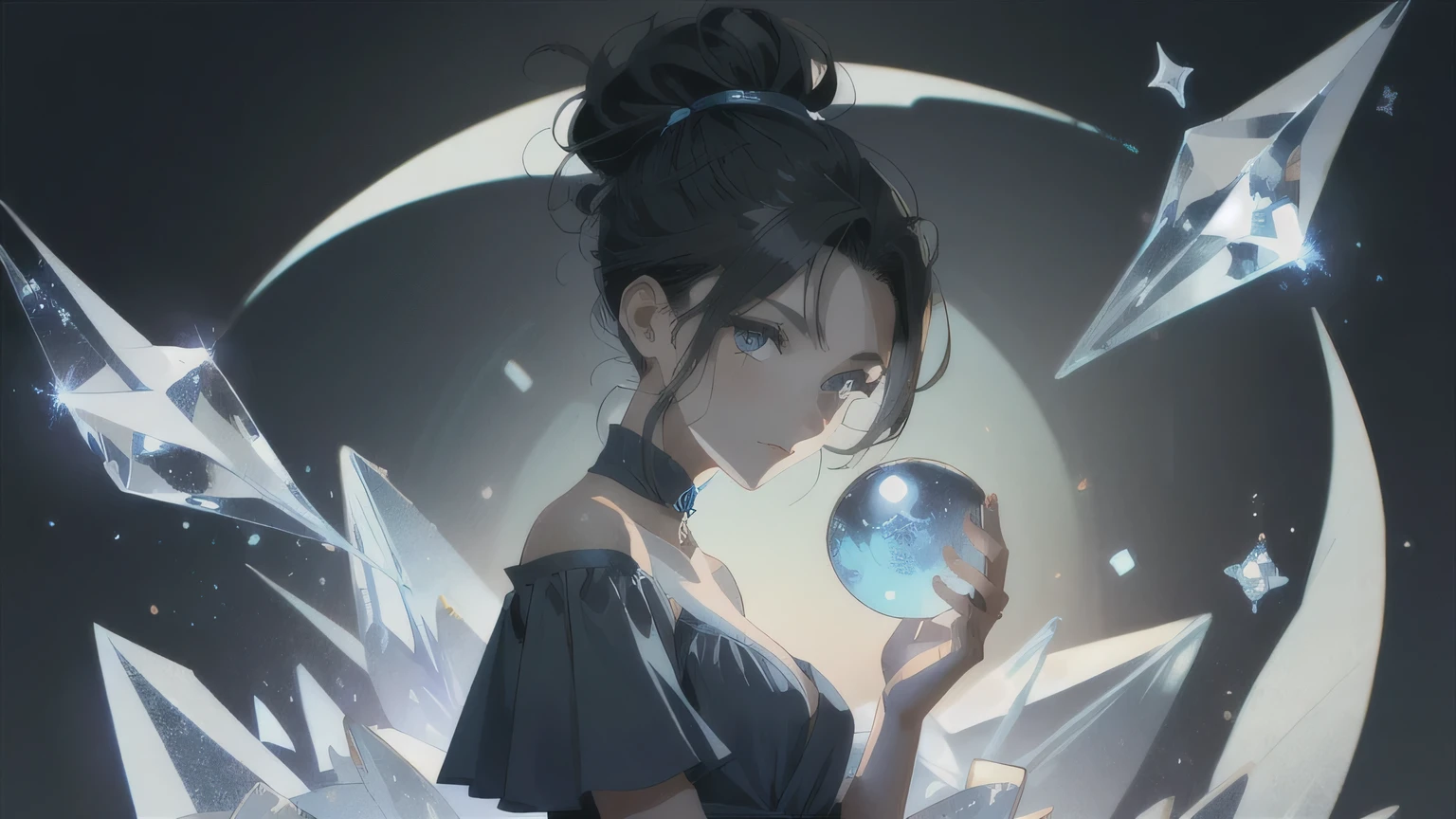 a woman in a blue dress holding a blue crystal ball ice, black hair and single hair bun.